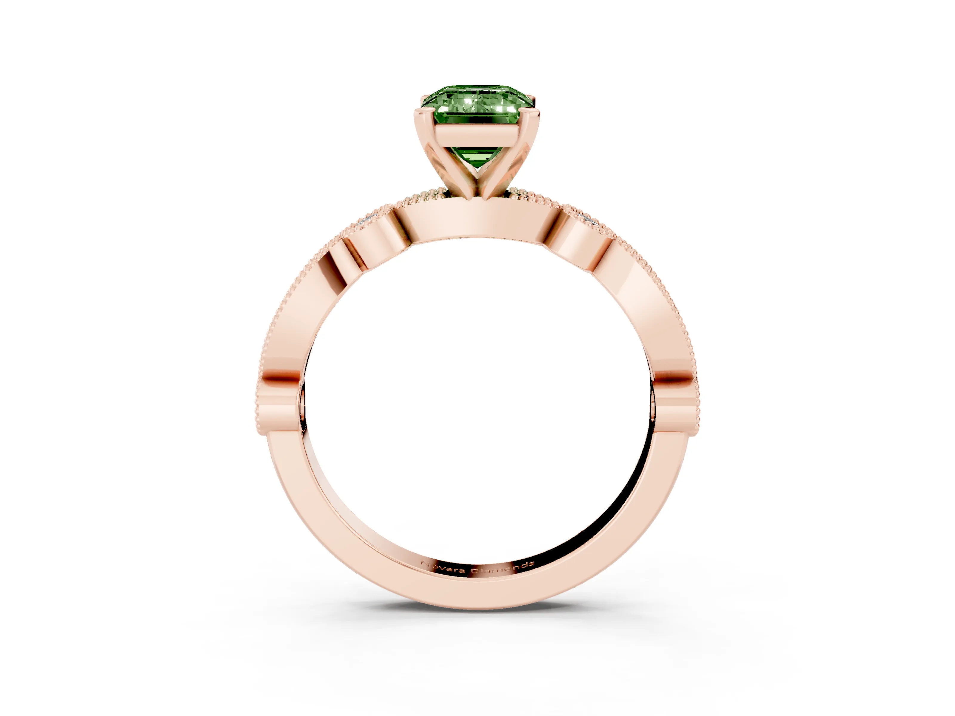 Fancy Green Emerald Cut Diamond Solitaire Engagement Ring Set in Rose gold with Milgrain Bezel Accent Band