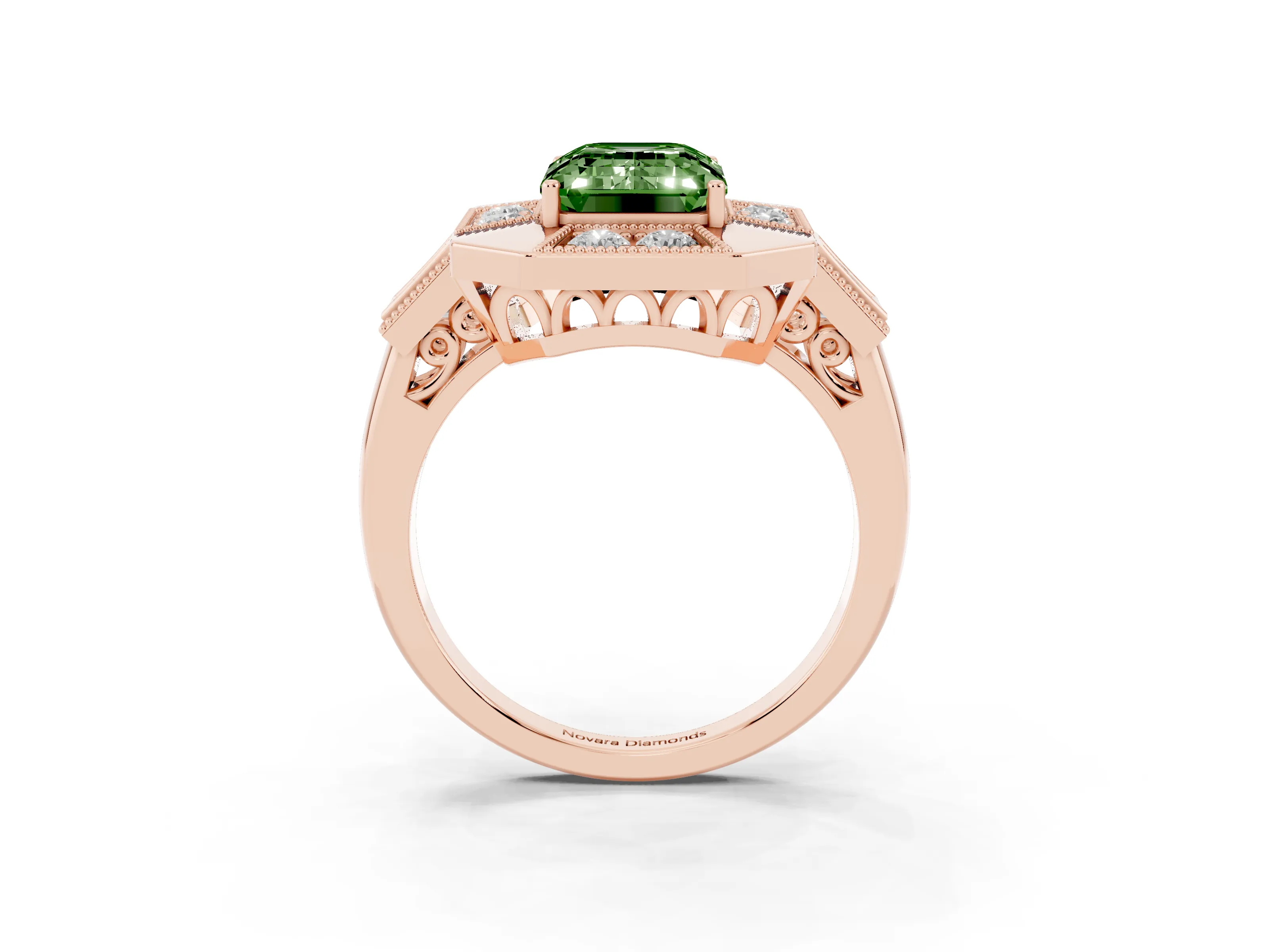 Fancy Green Emerald Cut Diamond Milgrain Halo Ring Set in Rose gold with Split Shank