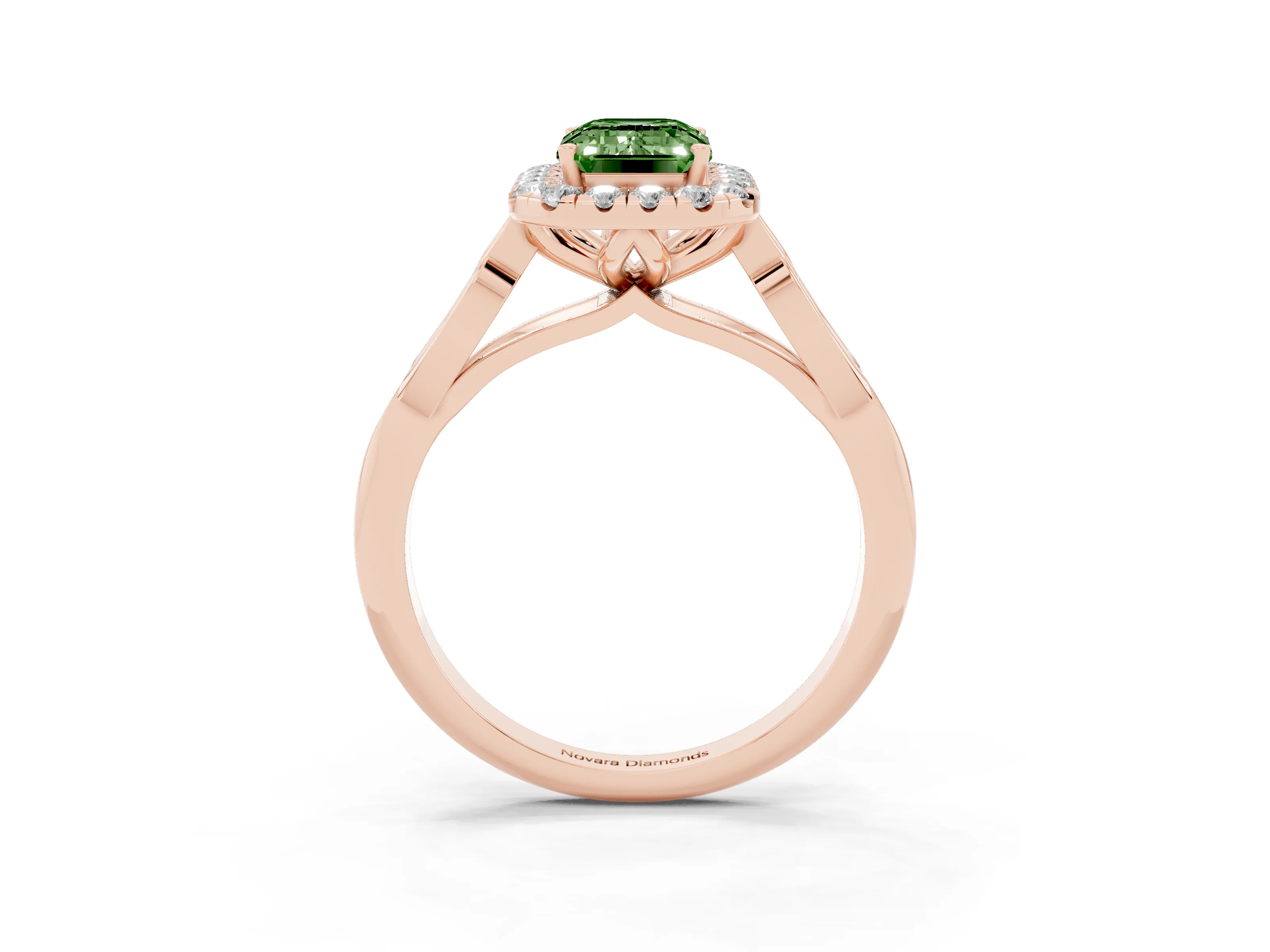 Fancy Green Emerald Cut Diamond Halo Engagement Ring Set in Rose gold with Filigree Band and Prong-Set Center