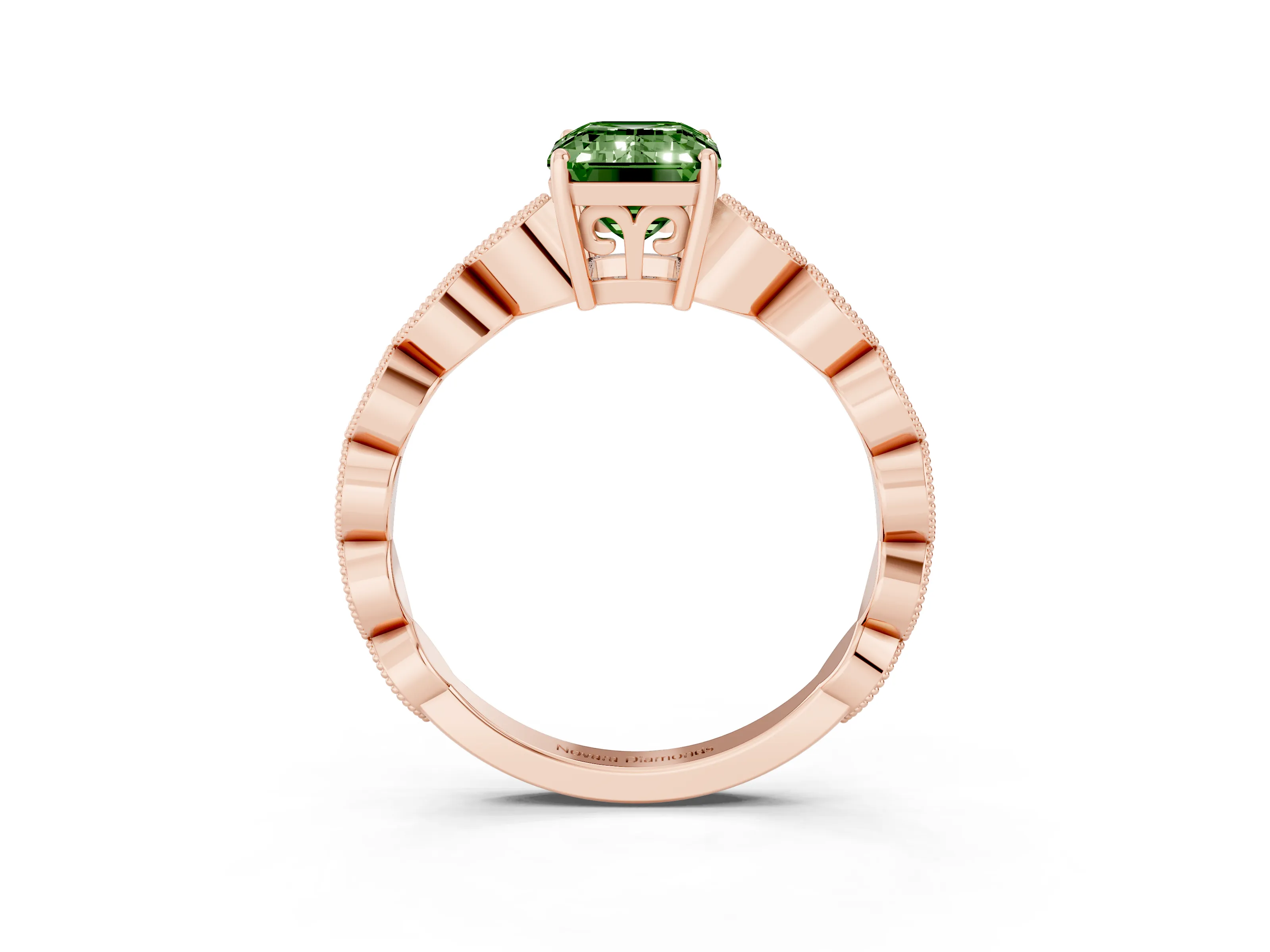 Fancy Green Emerald Cut Diamond Solitaire Ring Set in Rose gold with Infinity Twist Pavé Band