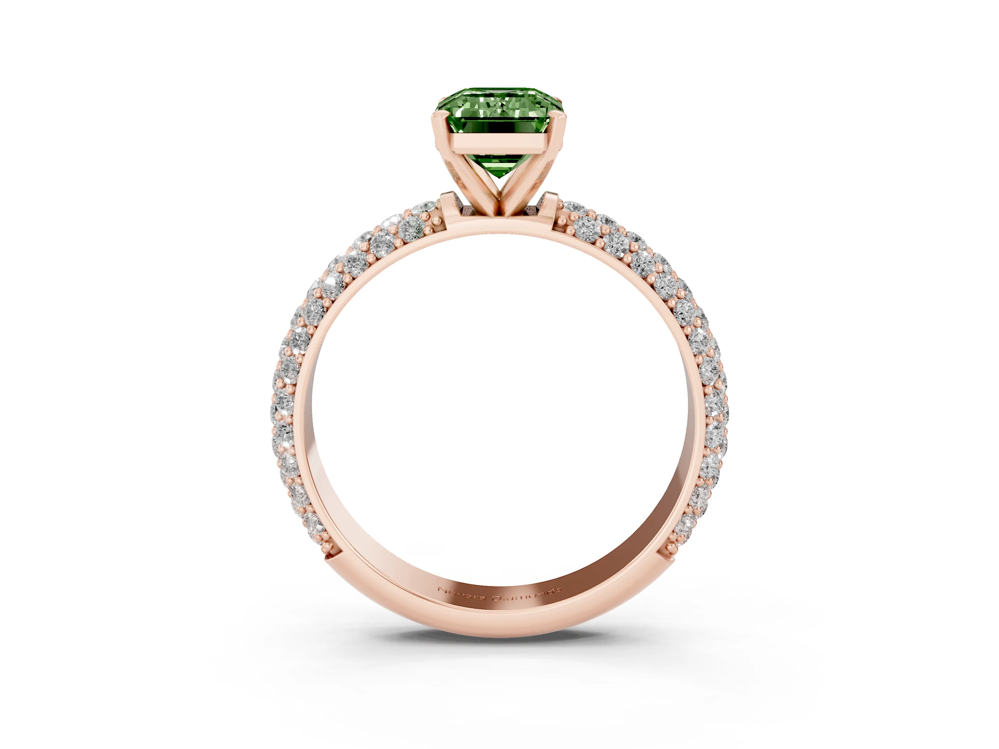 Fancy Green Emerald Cut Diamond Solitaire Ring Set in Rose gold with Prong Setting and Pavé-Set Band