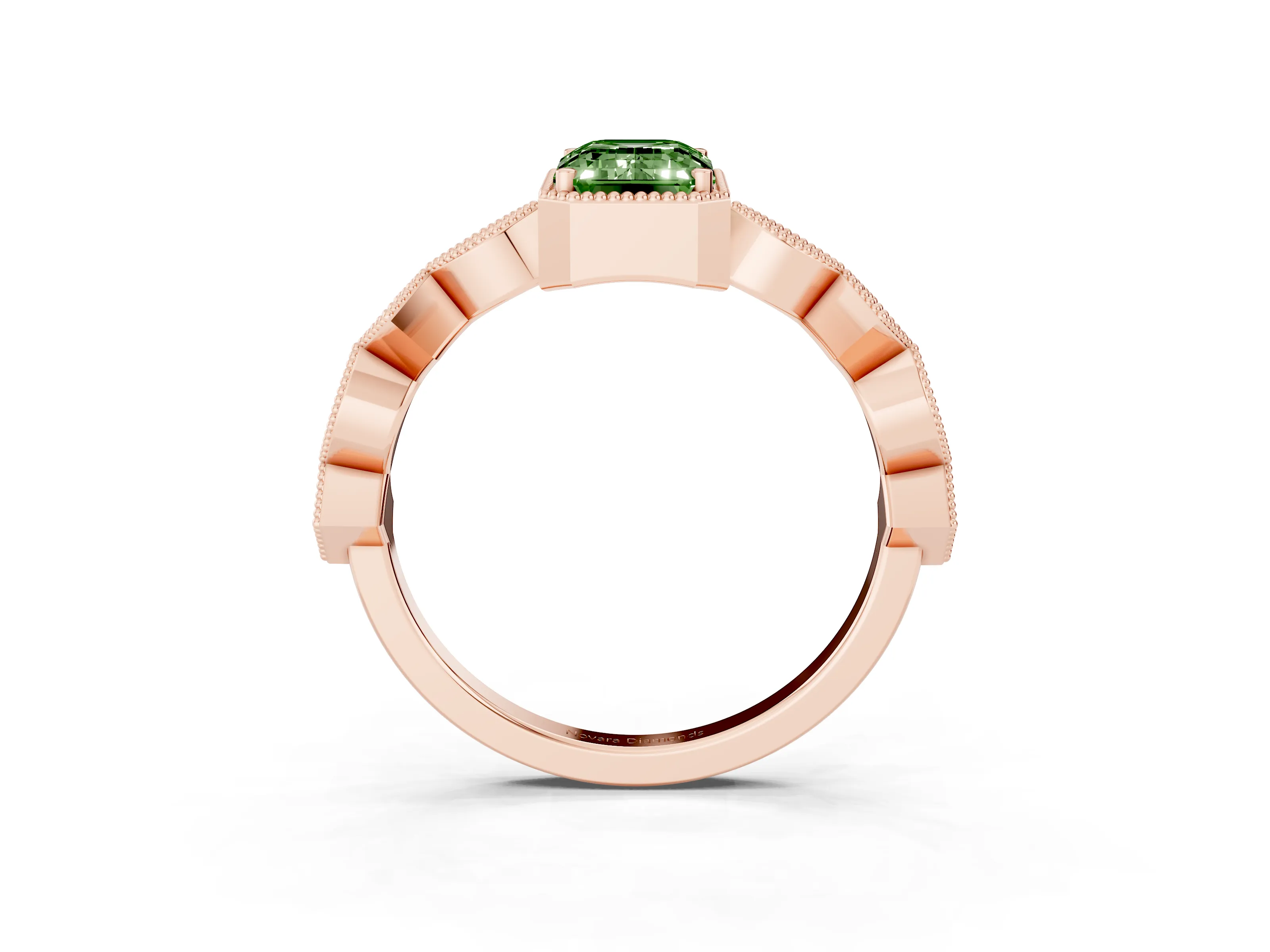 Fancy Green Emerald Cut Diamond Milgrain Marquise Twist Band Ring Set in Rose gold with Prong Setting