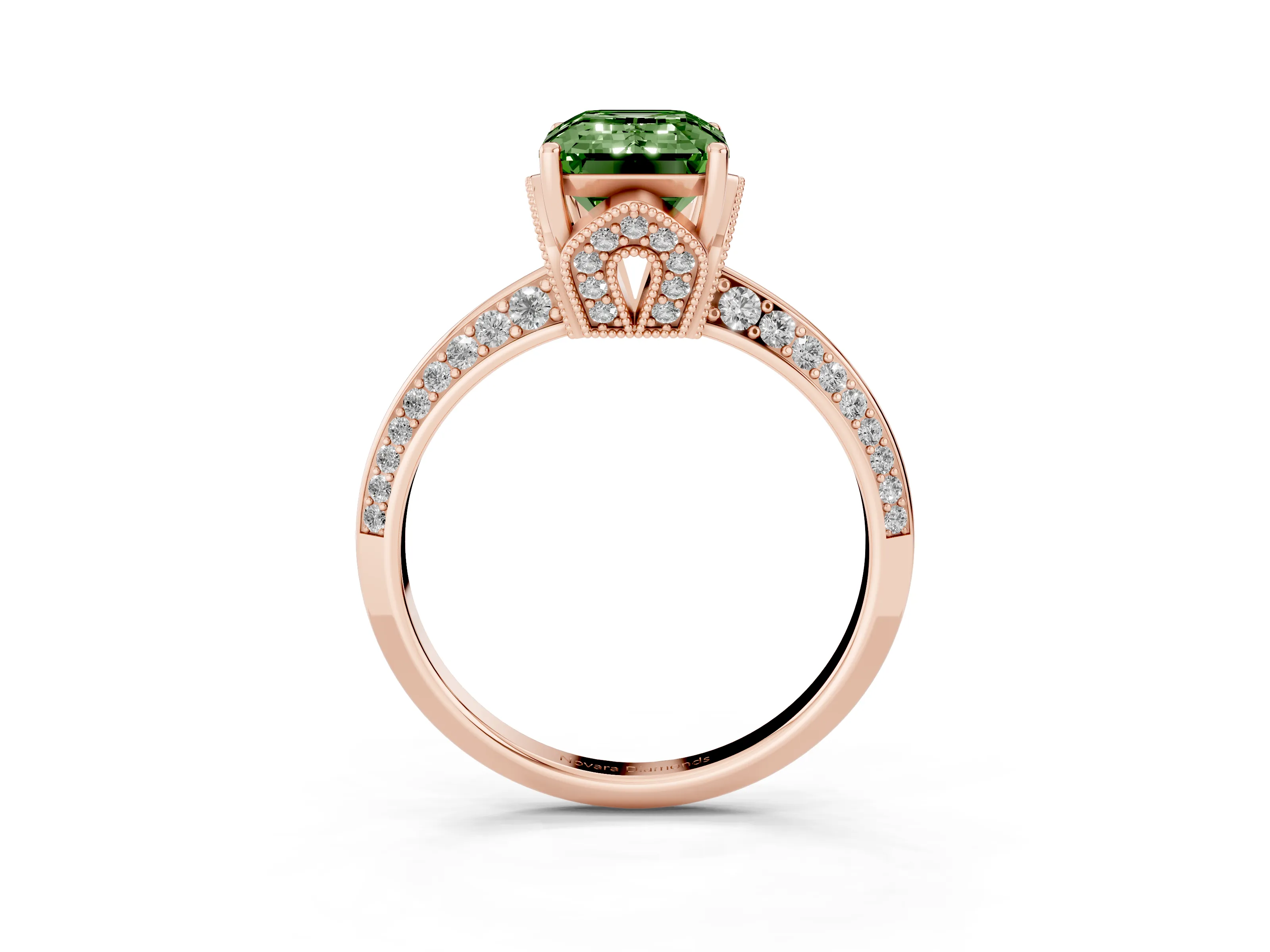 Fancy Green Emerald Cut Diamond Solitaire Engagement Ring Set in Rose gold with Pavé Split Shank and Prong Setting