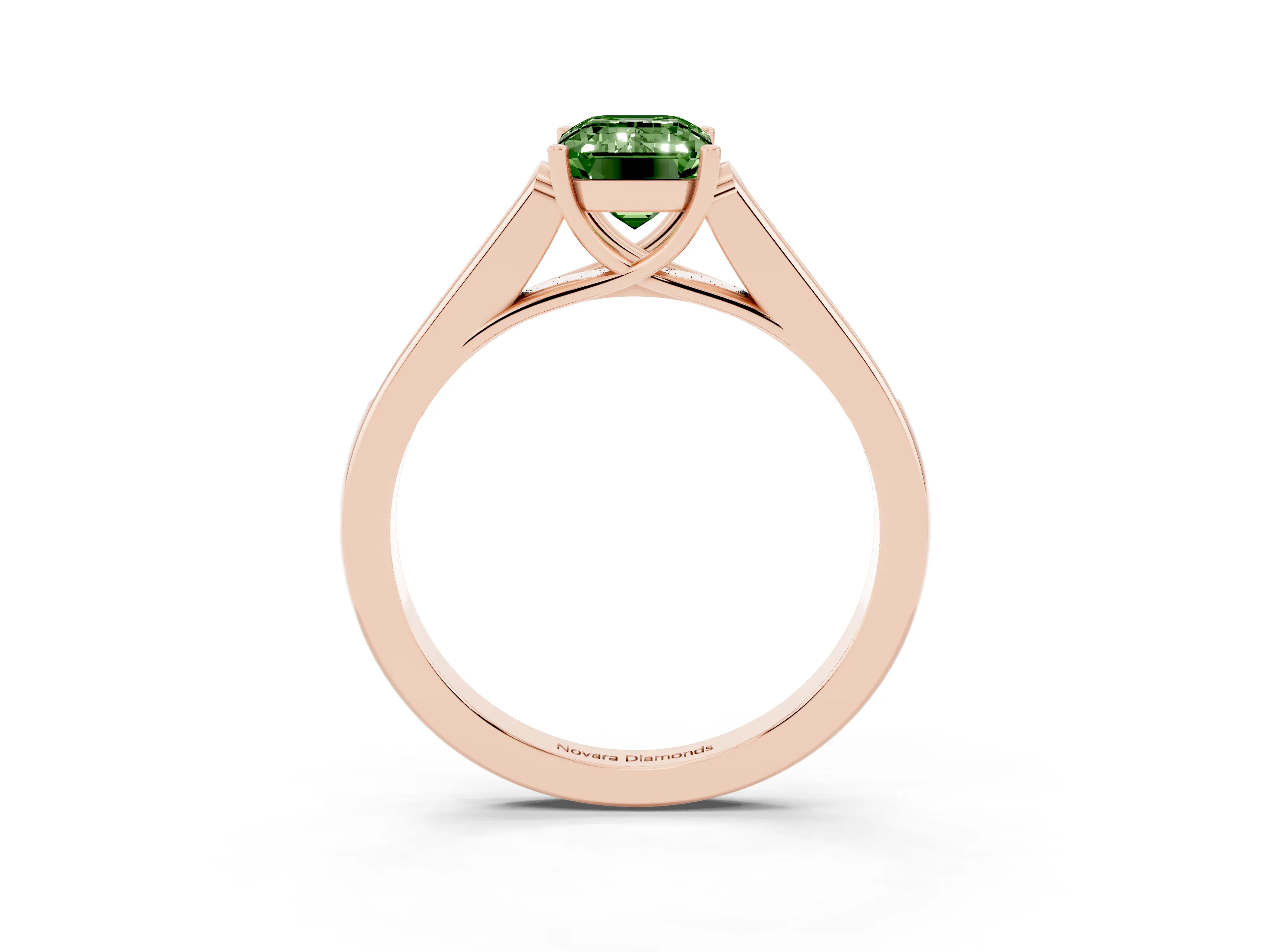 Fancy Green Emerald Cut Diamond Solitaire Cathedral Engagement Ring Set in Rose gold with Channel-Set Band and Prong Setting