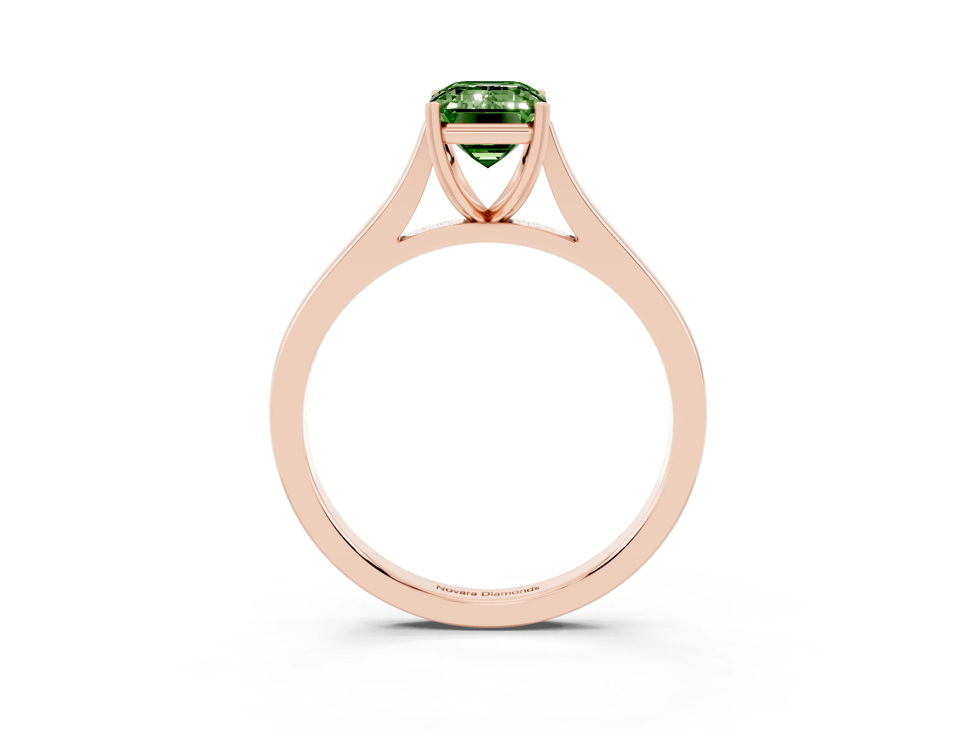 Fancy Green Emerald Cut Diamond Solitaire Heart Prong Engagement Ring Set in Rose gold with Tapered Band