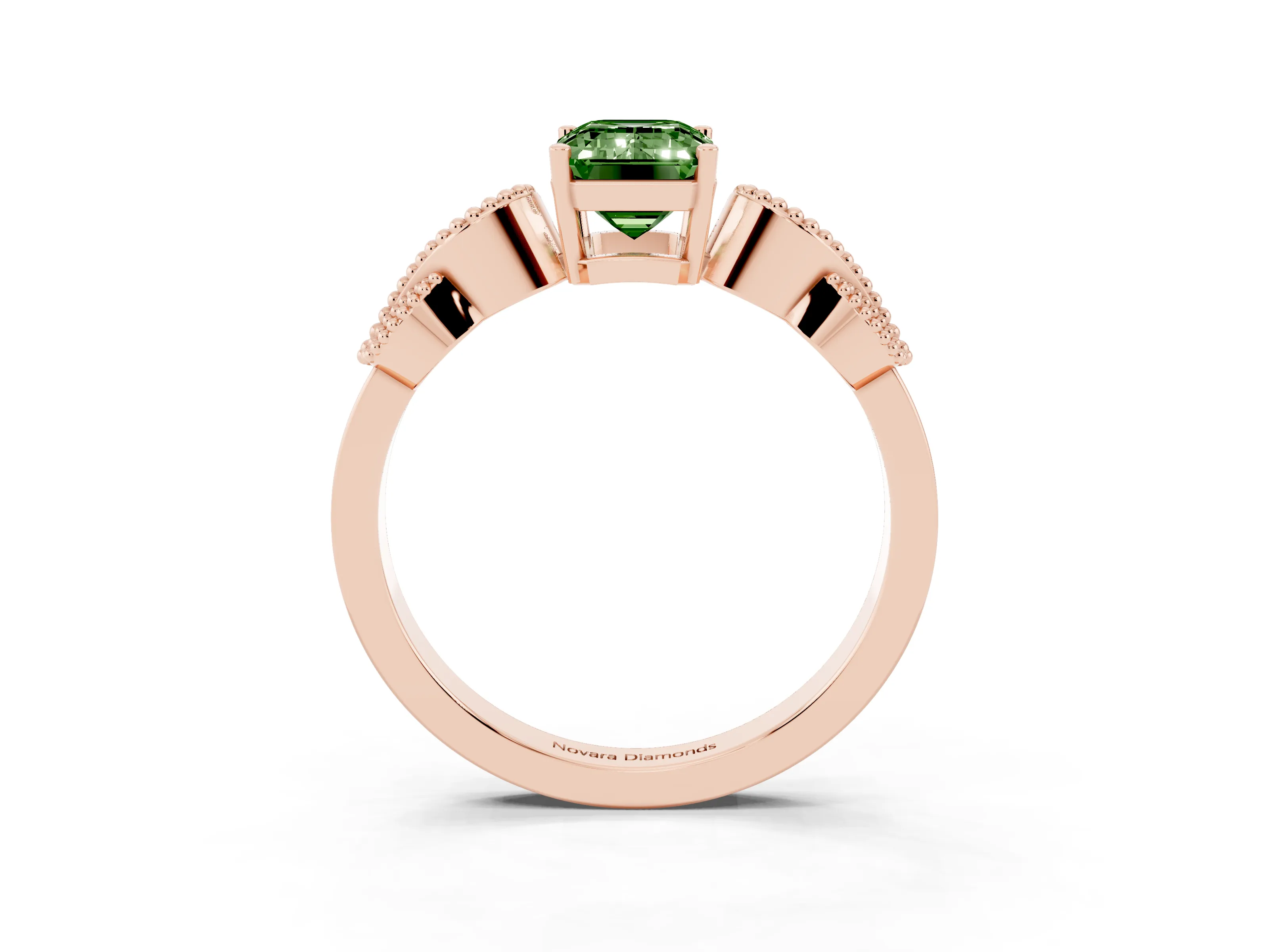 Fancy Green Emerald Cut Diamond Milgrain Leaf Band Solitaire Ring Set in Rose gold with Accent Stones and Prong Setting