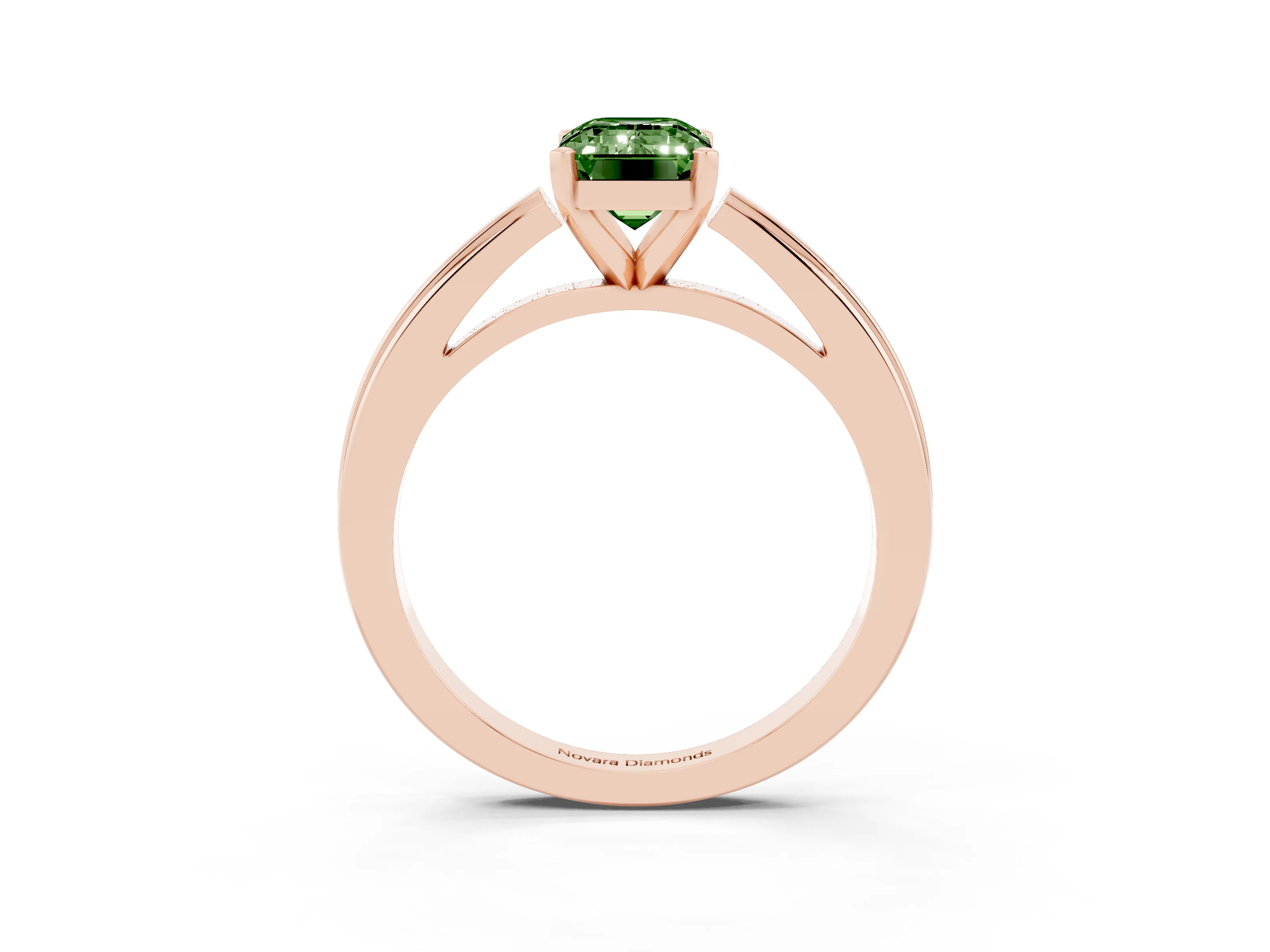 Fancy Green Emerald Cut Diamond Solitaire Ring Set in Rose gold with Prong Setting and Classic Band