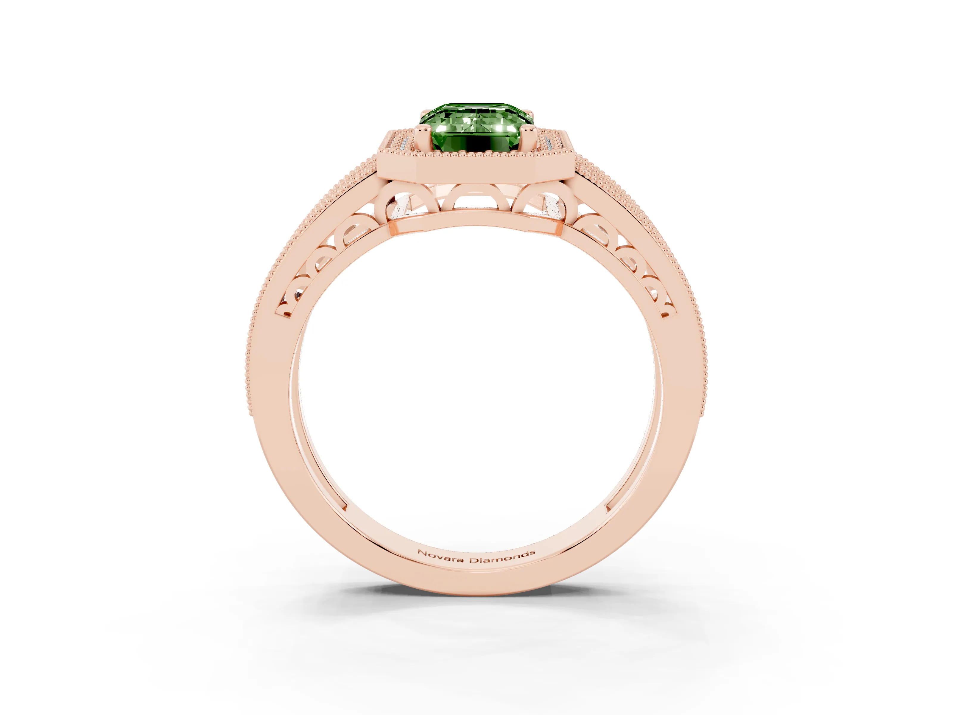Fancy Green Emerald Cut Diamond Halo Ring Set in Rose gold with Accent Split Shank and Prong Setting