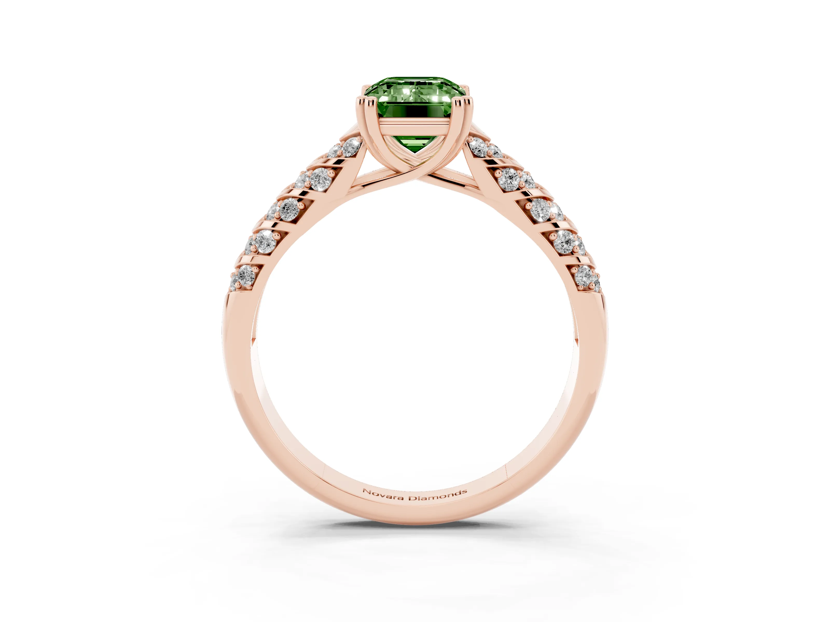 Fancy Green Emerald Cut Diamond Solitaire Chevron Pavé Engagement Ring Set in Rose gold with Prong Setting