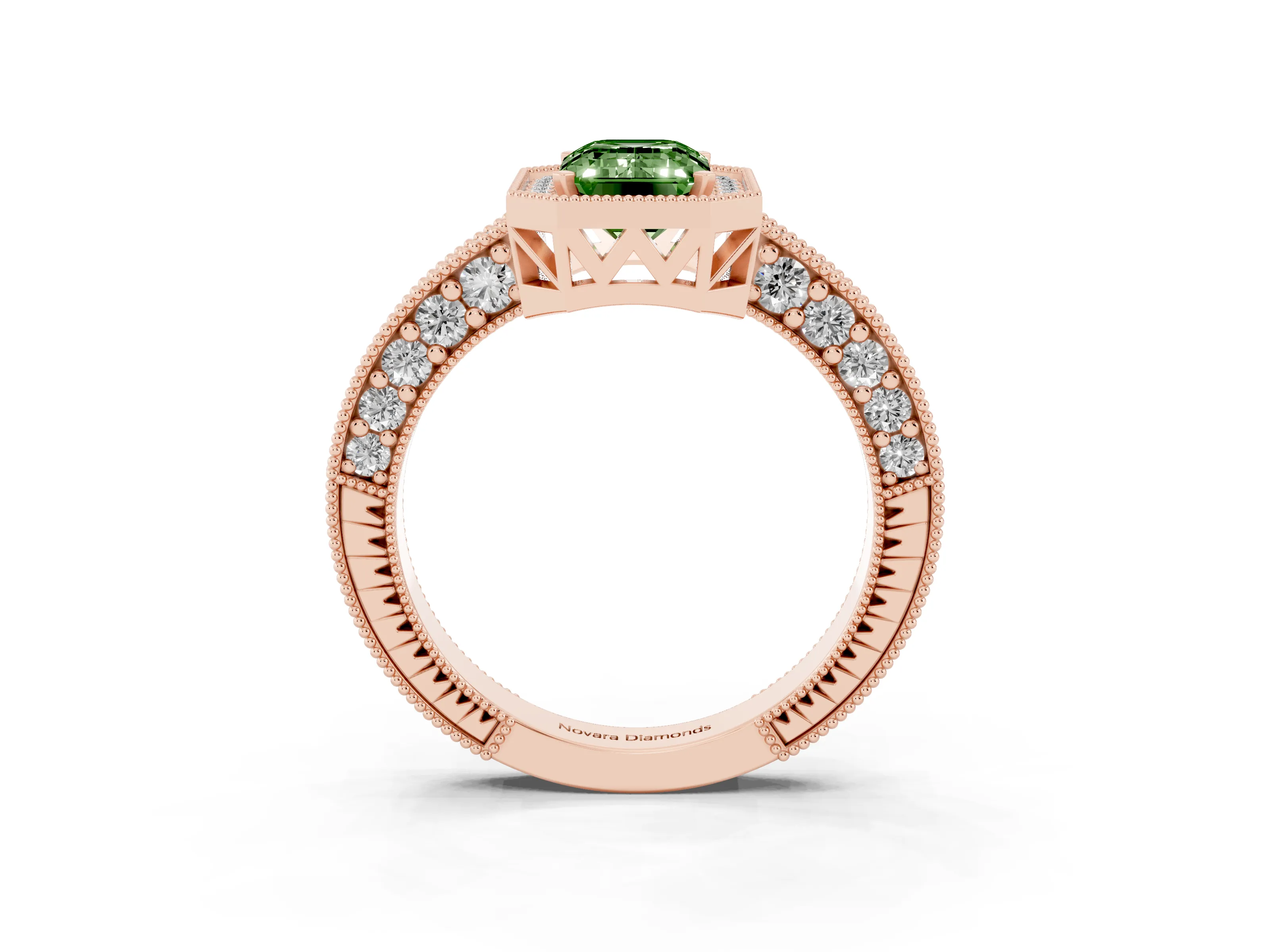 Fancy Green Emerald Cut Diamond Halo Pavé Band Ring Set in Rose gold with Prong-Set Center
