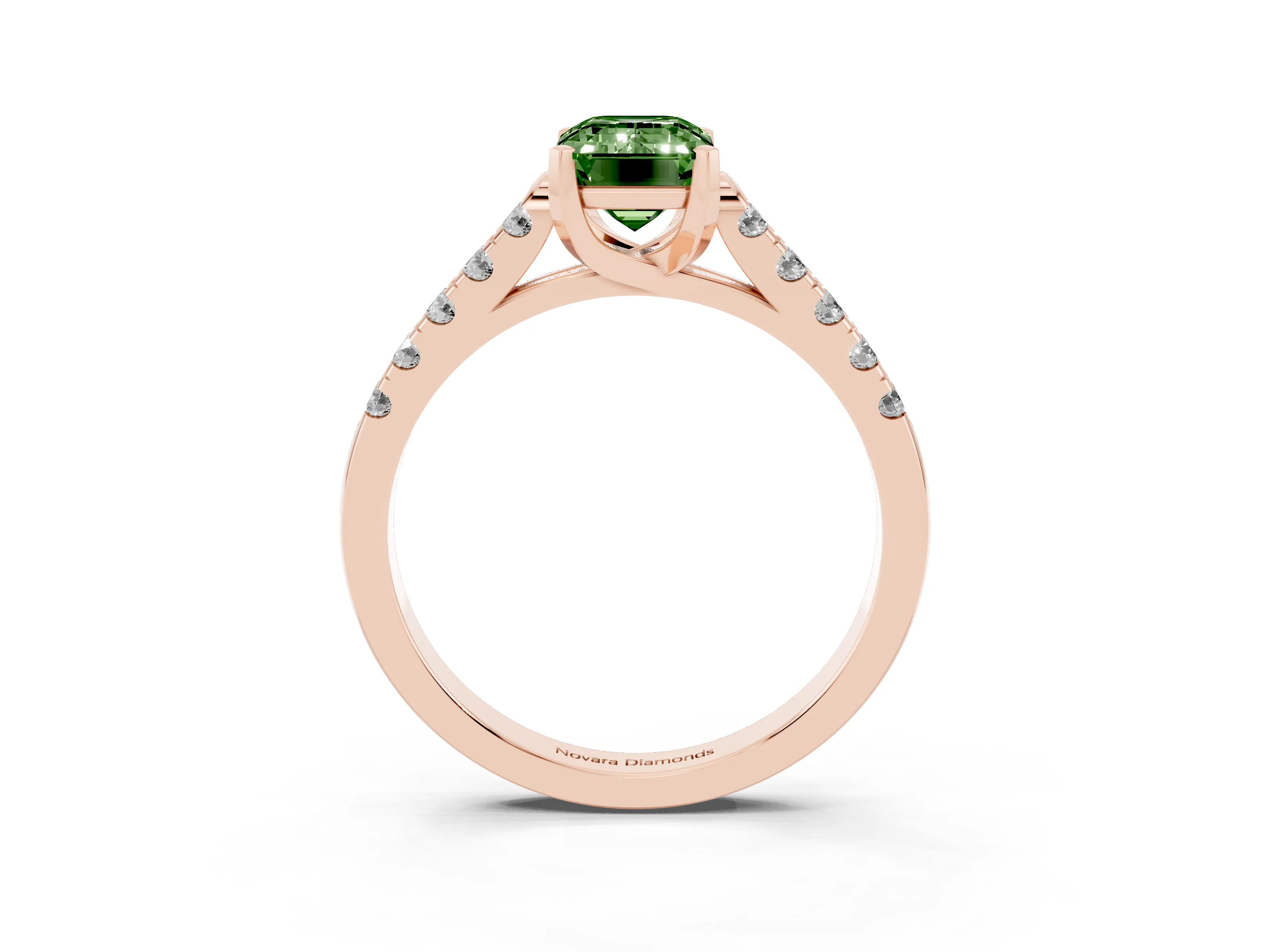 Fancy Green Emerald Cut Diamond Pavé Band Solitaire Ring Set in Rose gold with Partway Accent Stones and Prong Setting