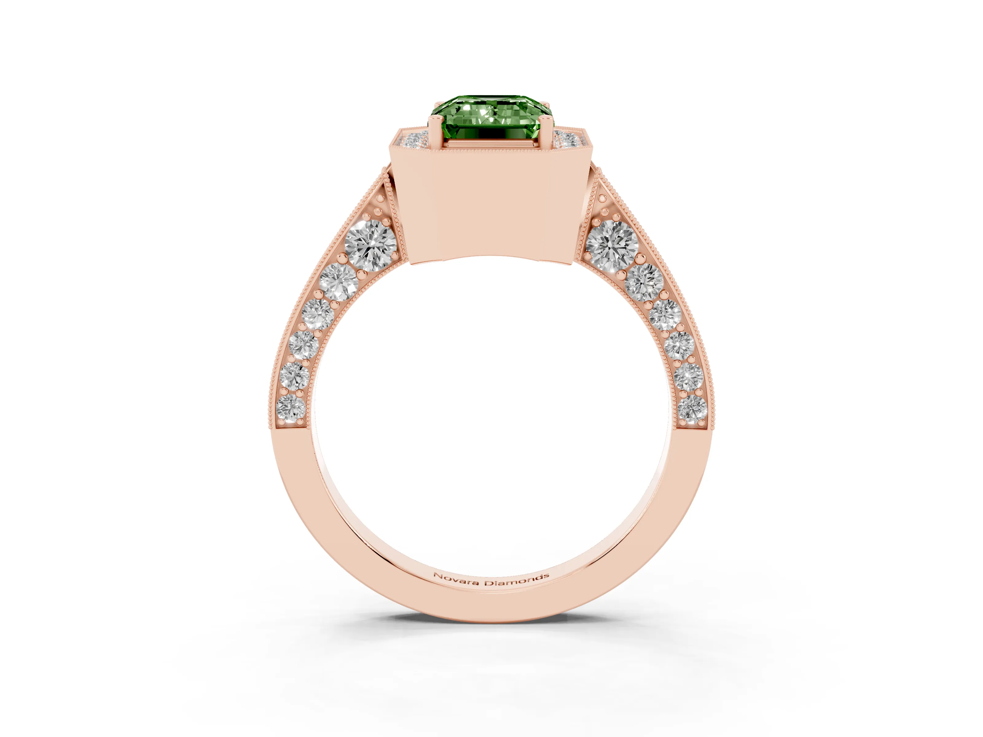 Fancy Green Emerald Cut Diamond Halo Engagement Ring Set in Rose gold with Accent Split Shank Band