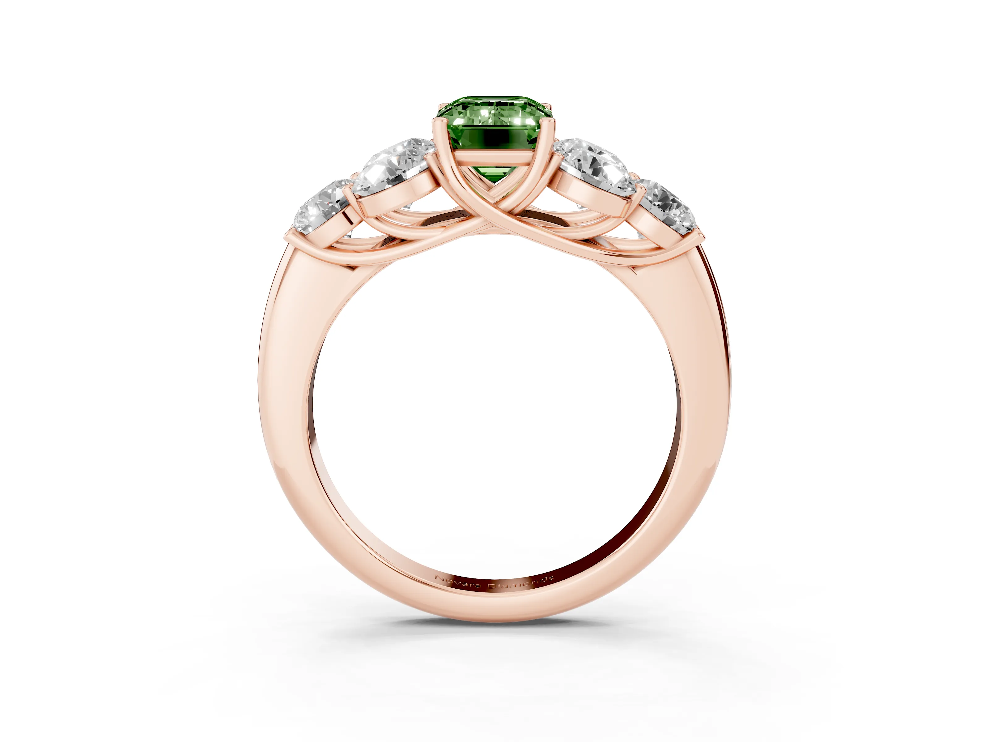 Fancy Green Emerald Cut Diamond Cluster Ring Set in Rose gold with Round Accent Stones and Prong Setting on a Plain Band