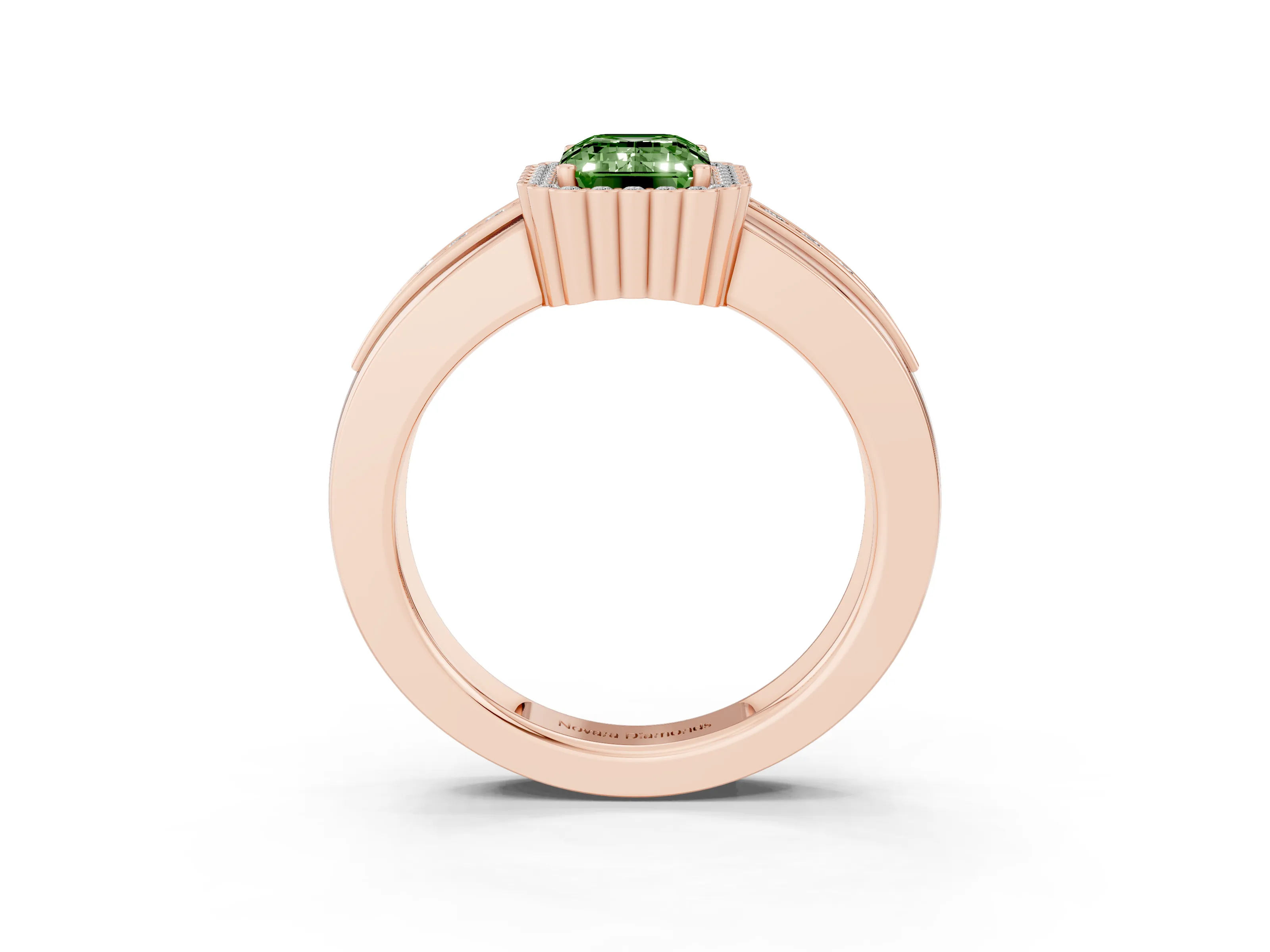 Fancy Green Emerald Cut Diamond Halo Prong Ring Set in Rose gold with Pavé Band