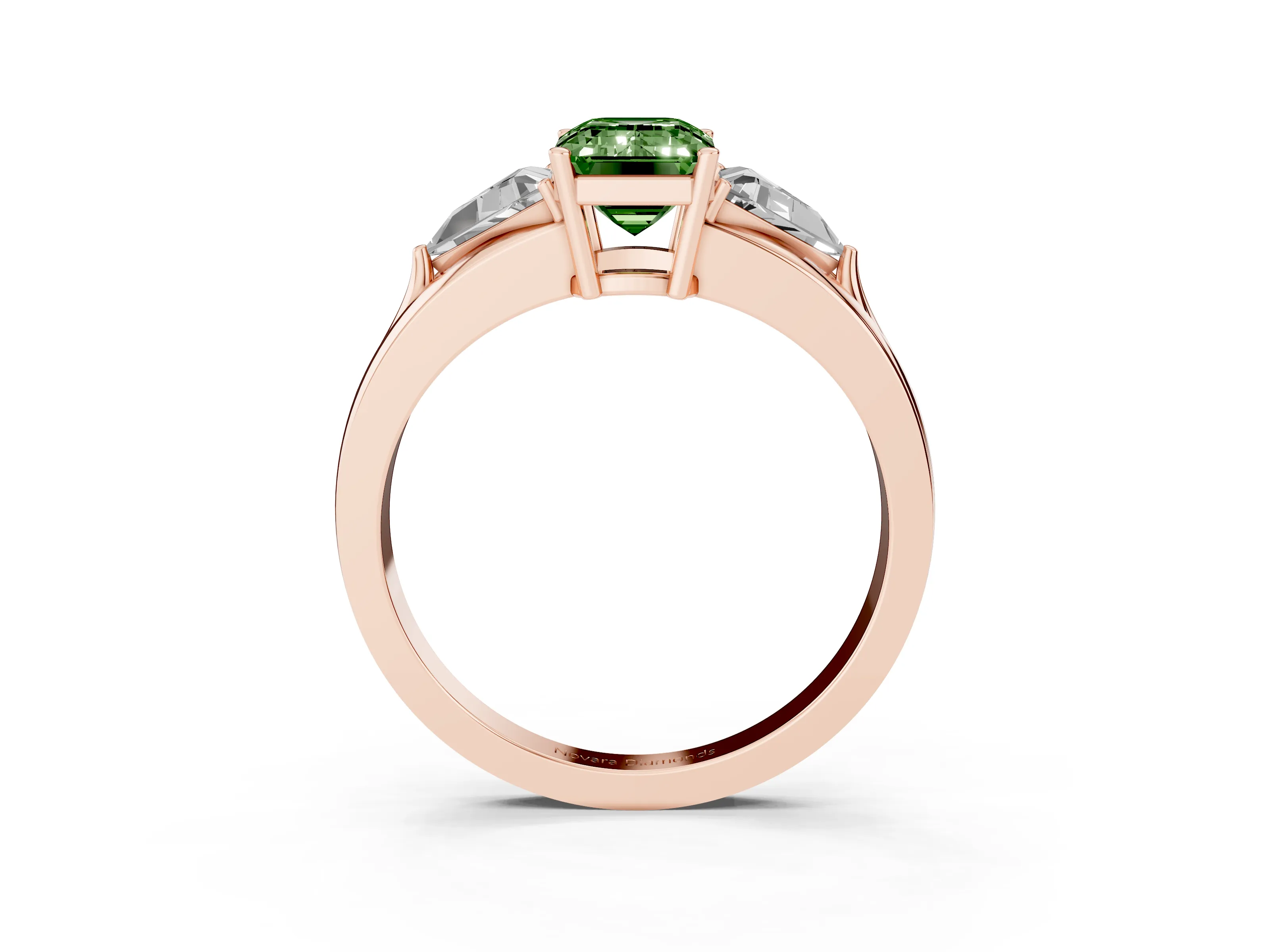 Fancy Green Emerald Cut Diamond Three-Stone Ring Set in Rose gold with Trillion Side Stones and Split Shank