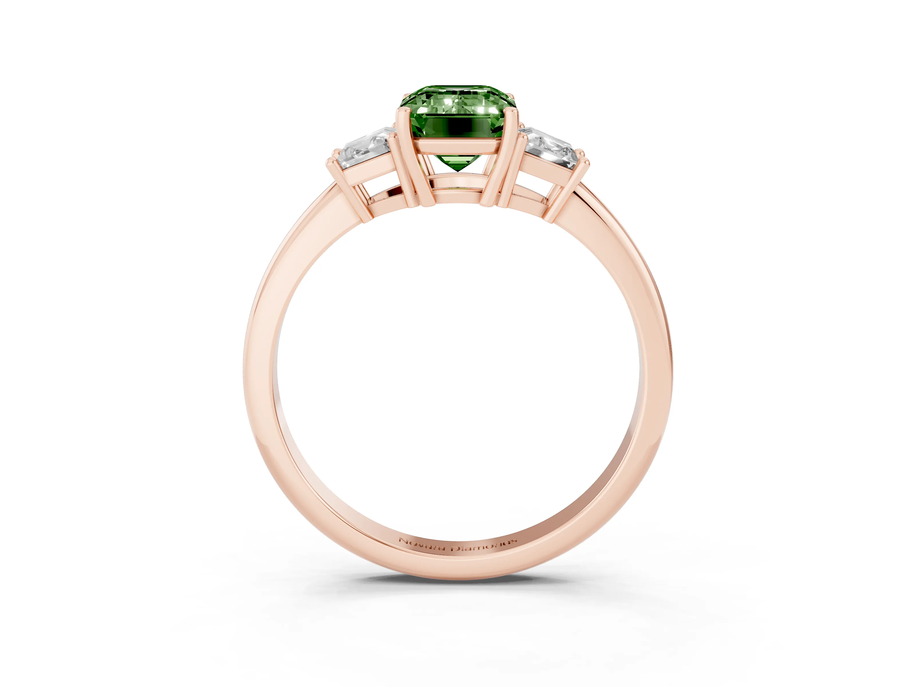 Fancy Green Emerald Cut Diamond Three-Stone Ring Set in Rose gold with Trapezoid Side Stones and Prong Setting