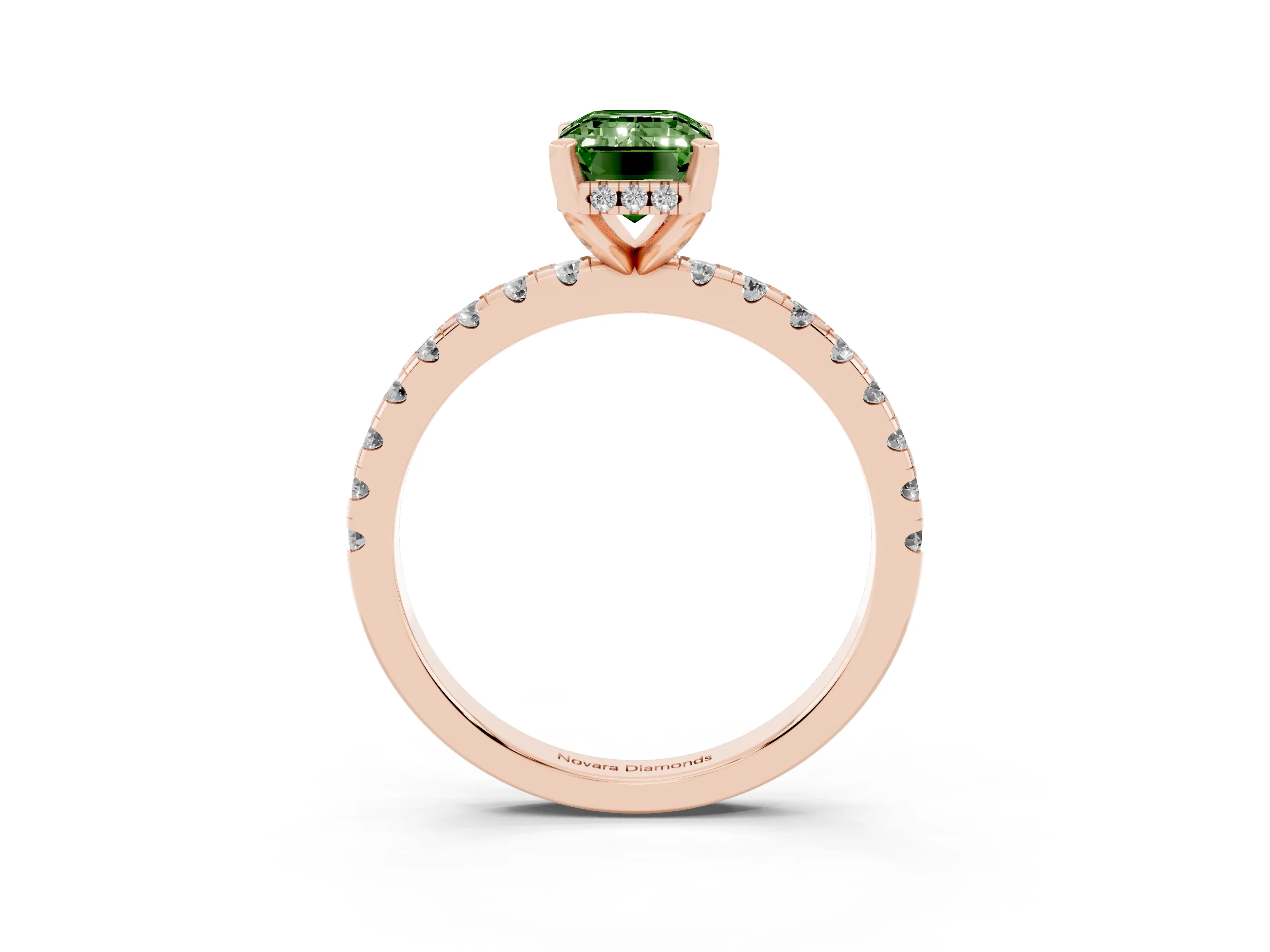 Fancy Green Emerald Cut Diamond Pavé Solitaire Ring Set in Rose gold with Round Band Accents and Prong Setting
