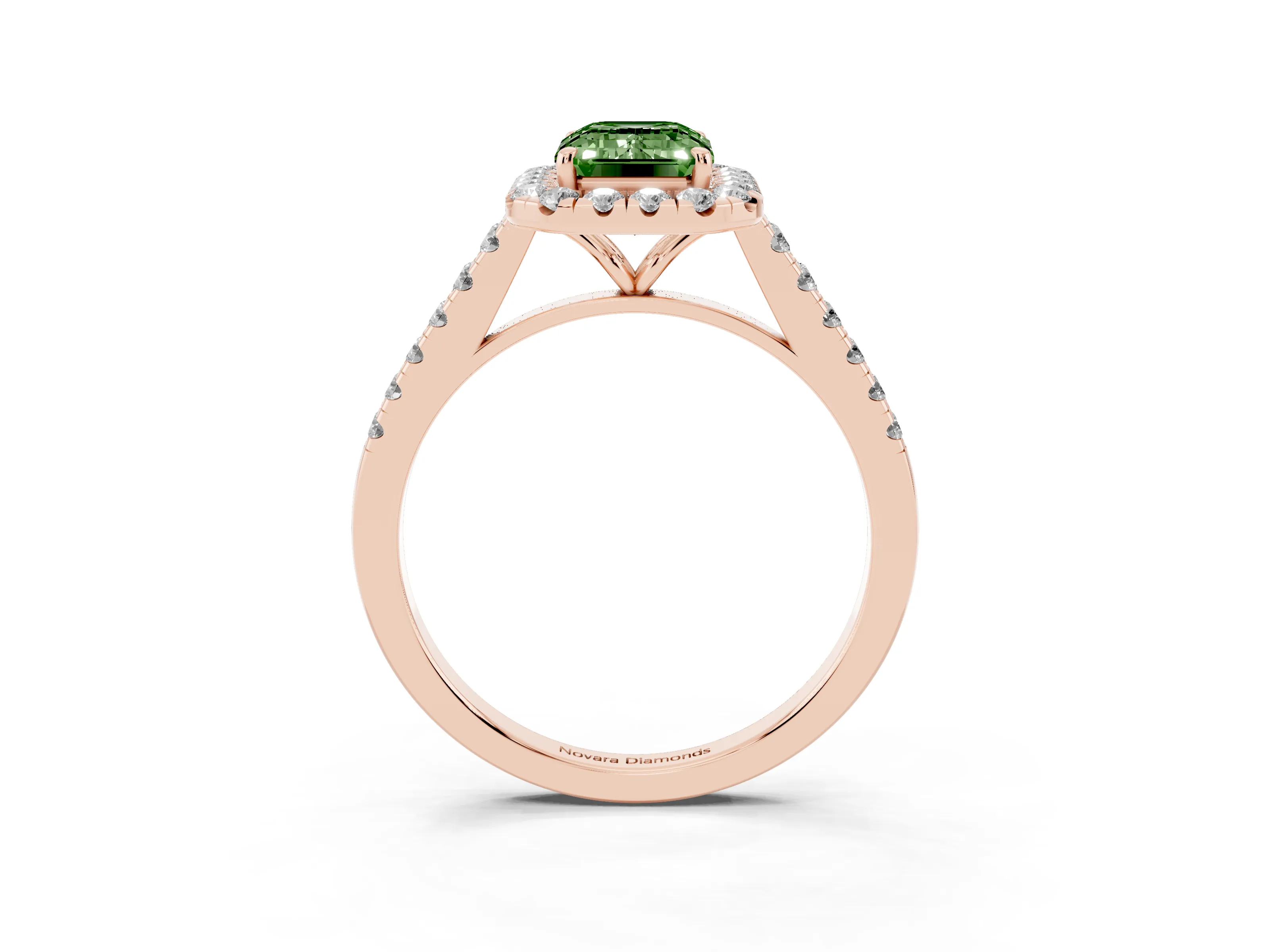 Fancy Green Emerald Cut Diamond Halo Pavé Engagement Ring Set in Rose gold with Prong Setting
