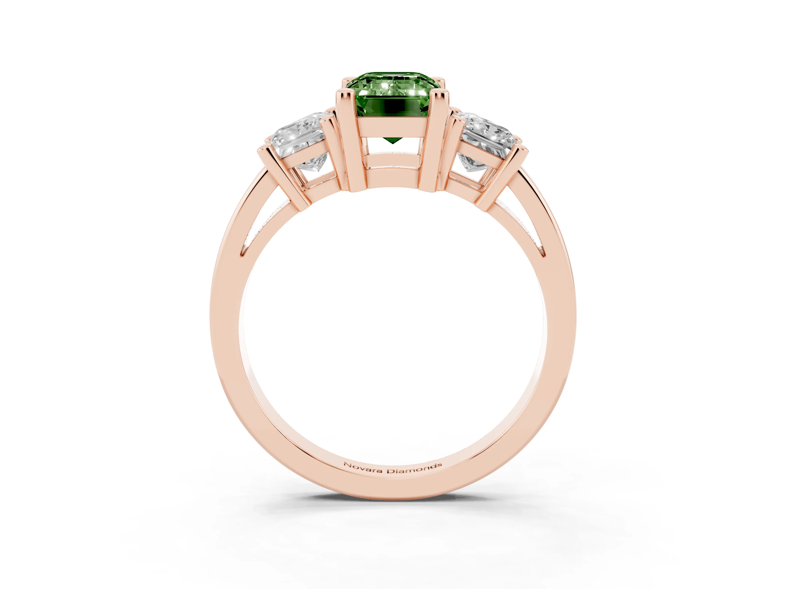 Fancy Green Three-Stone Emerald Cut Diamond Solitaire Ring Set in Rose gold with Prong Setting