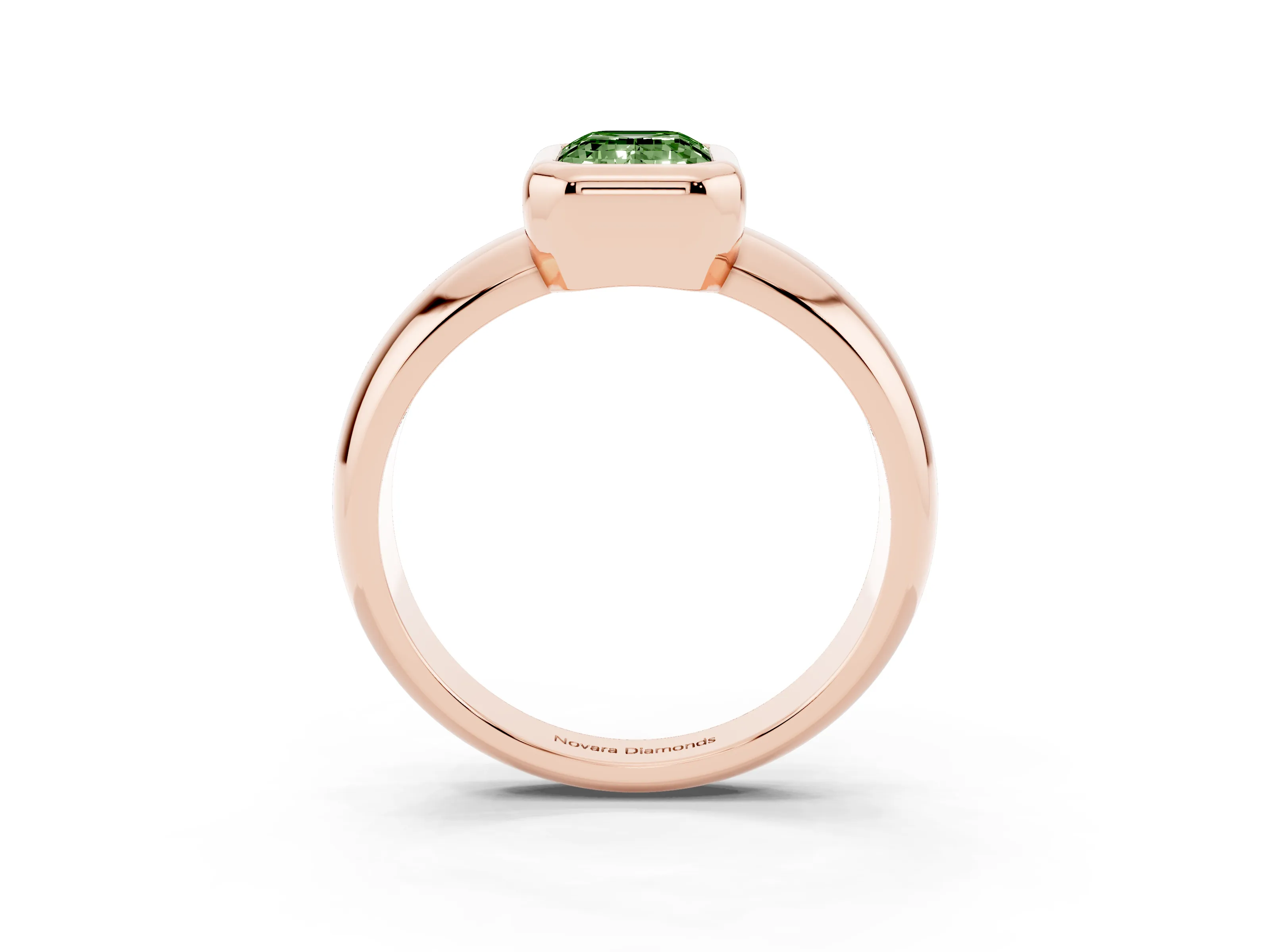 Fancy Green Bezel Set Emerald Cut Diamond Solitaire Ring Set in Rose gold with Wide Band