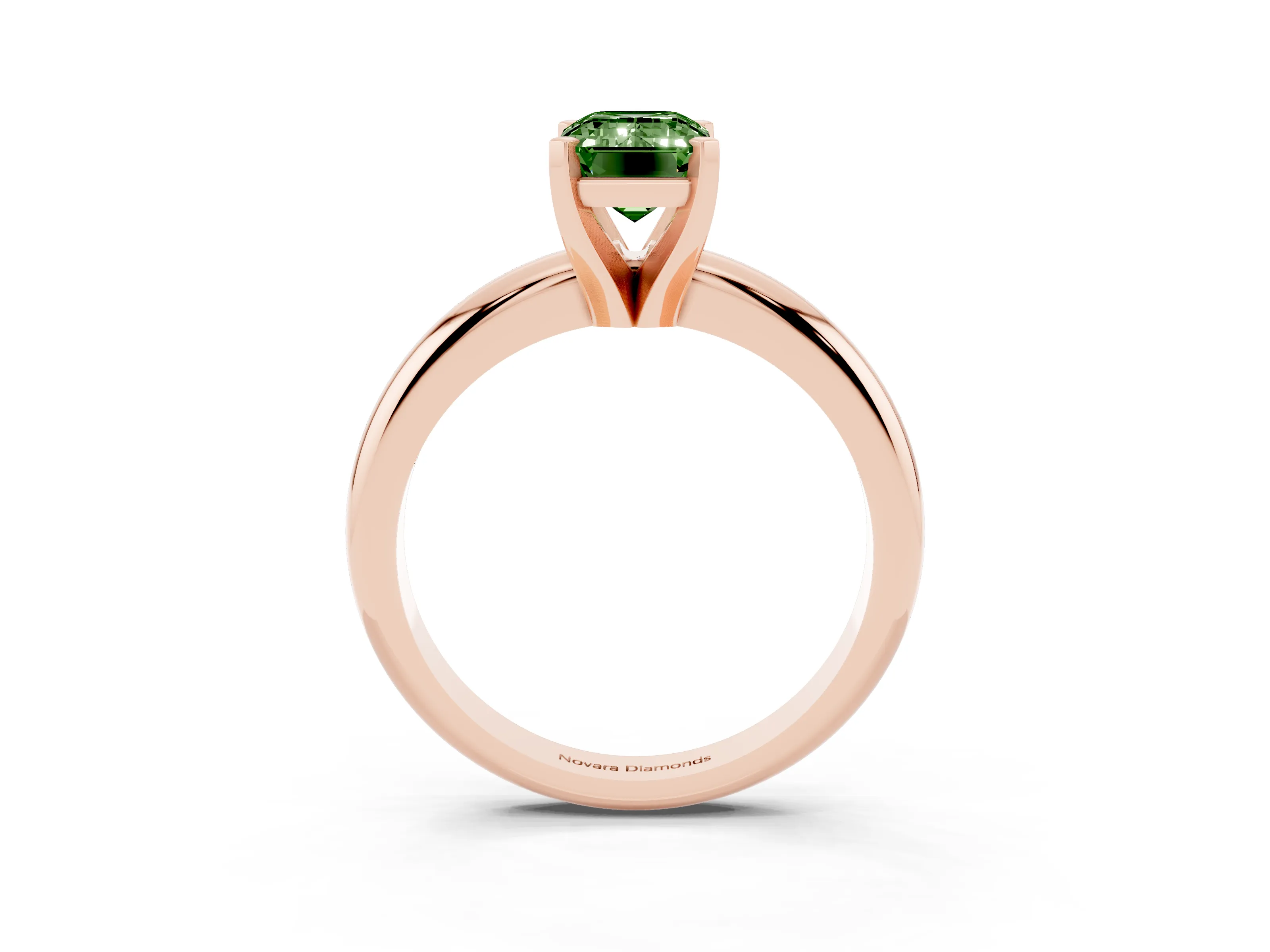 Fancy Green Emerald Cut Diamond Solitaire Engagement Ring Set in Rose gold with Round Band and Prong Setting