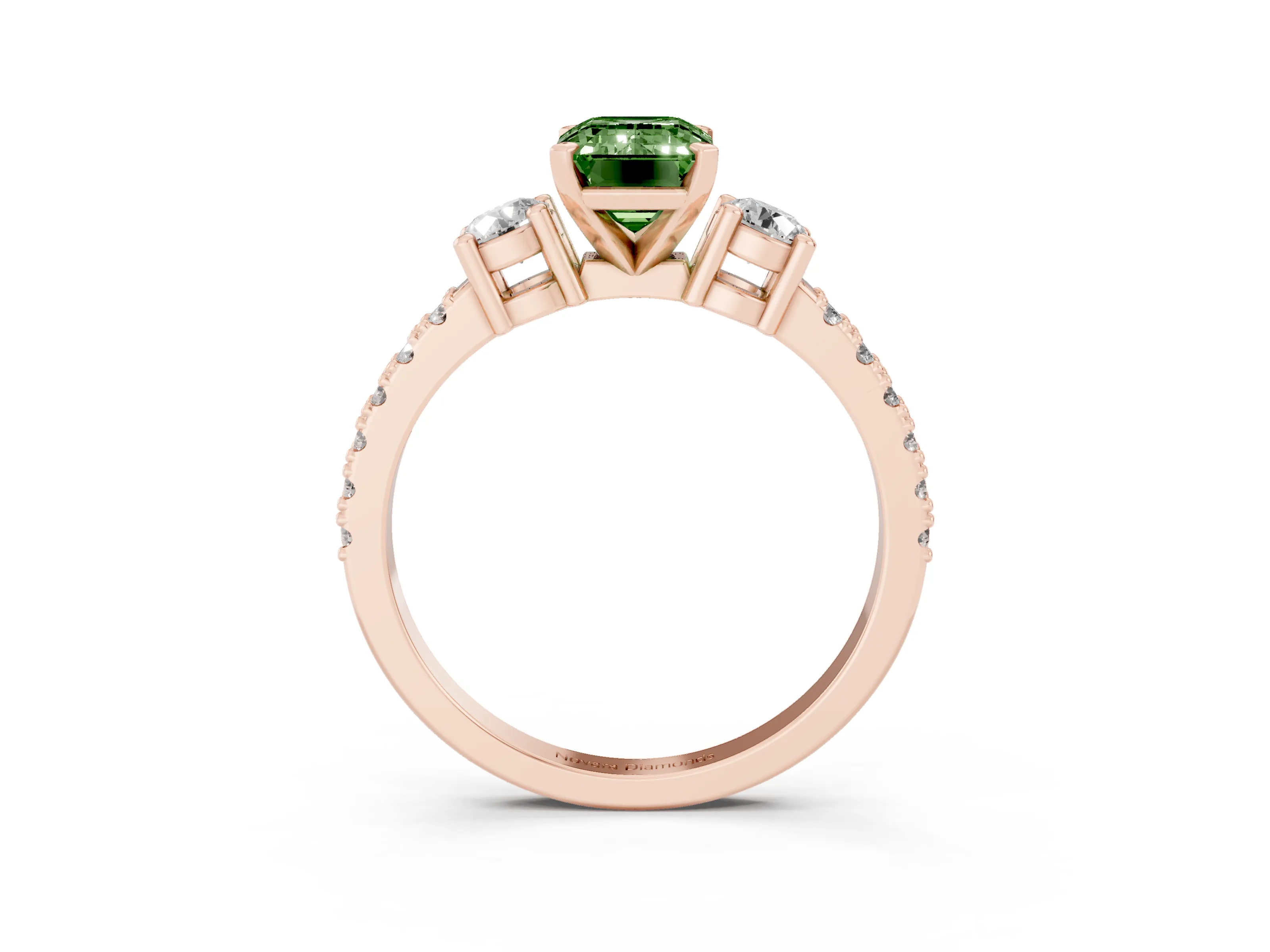Fancy Green Three-Stone Emerald Cut Diamond Pavé Band Ring Set in Rose gold with Prong Setting
