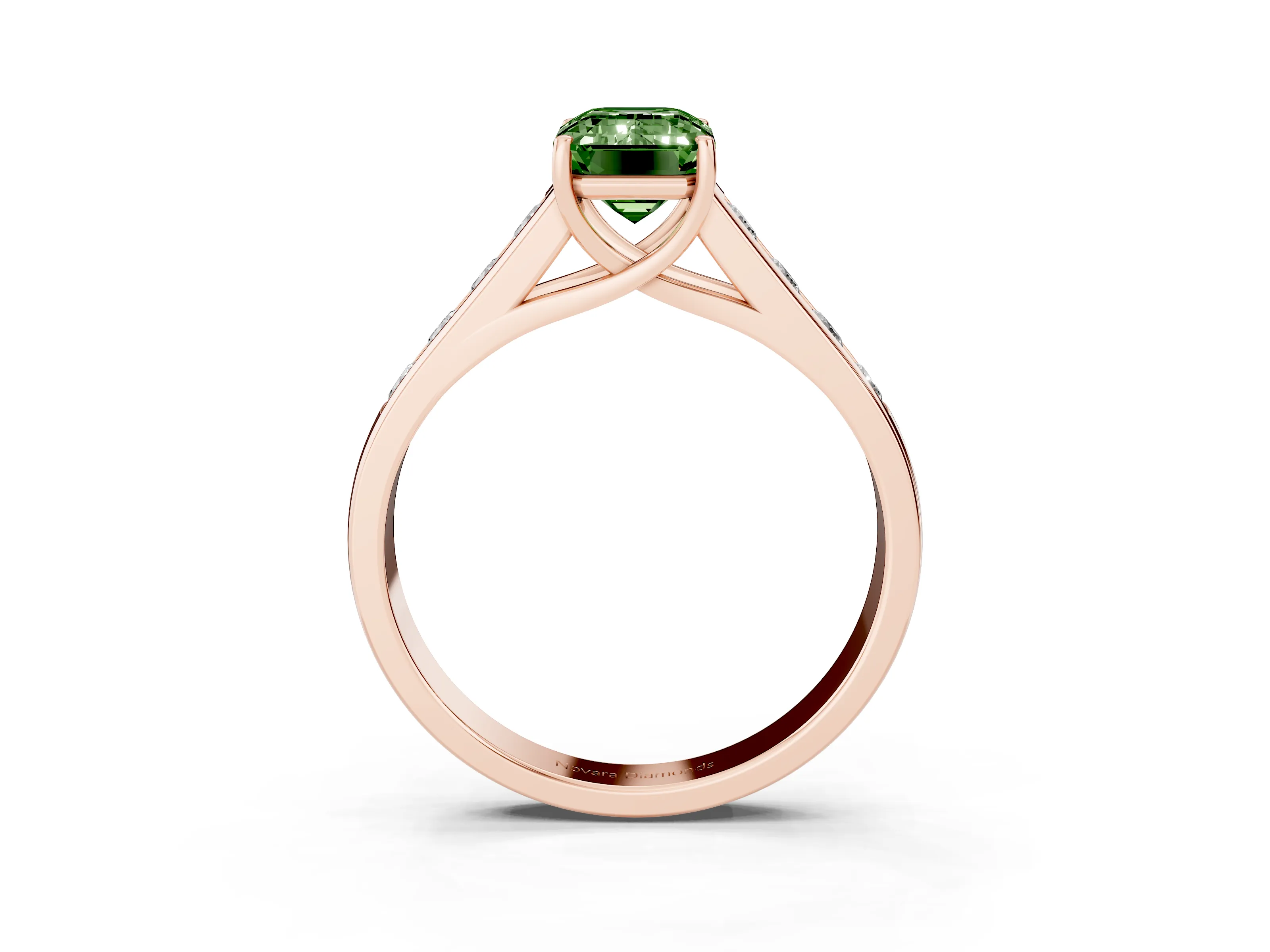 Fancy Green Emerald Cut Diamond Brilliant Channel-Set Solitaire Ring Set in Rose gold with Prong Setting