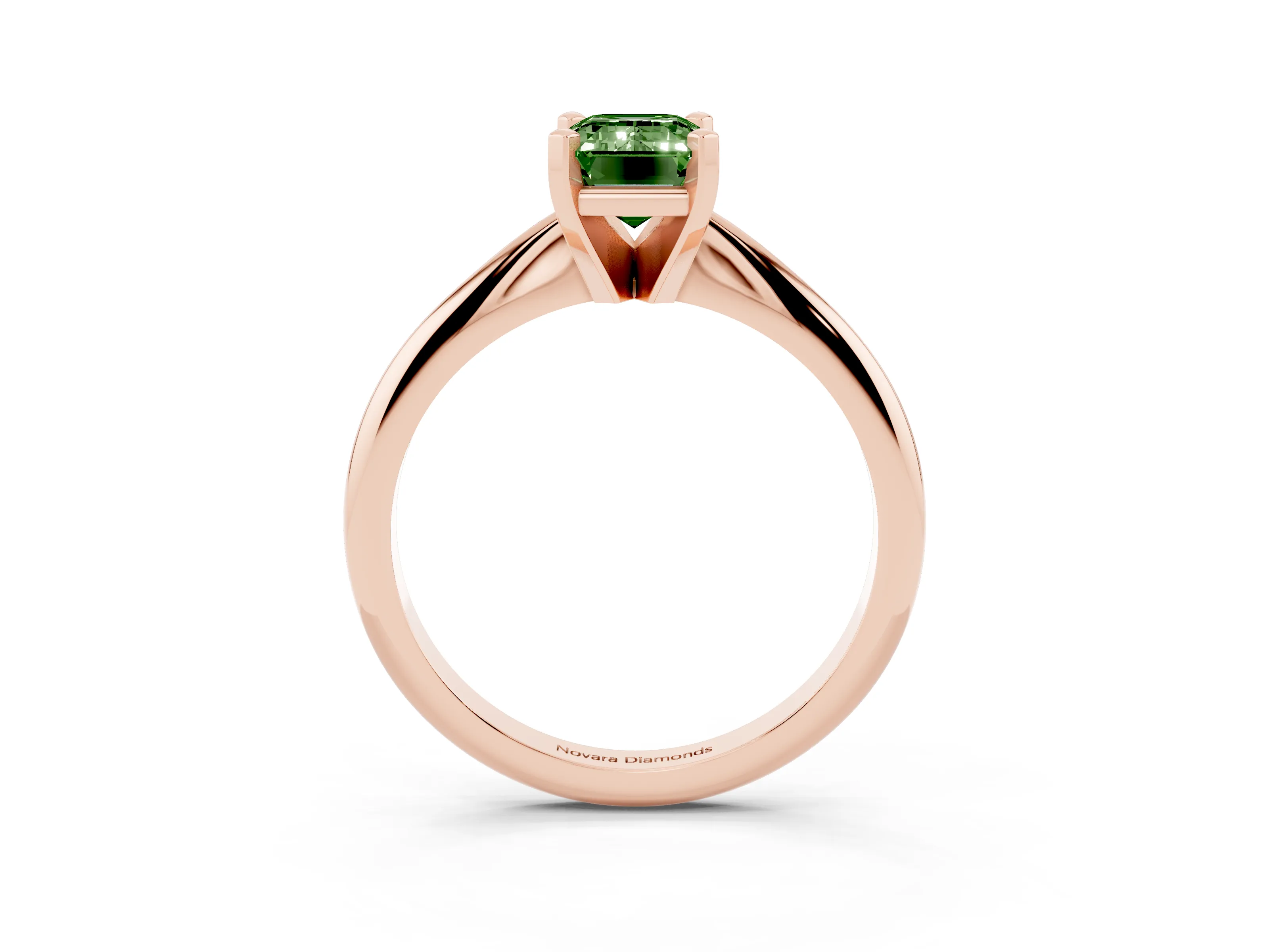Fancy Green Emerald Cut Diamond Solitaire Ring Set in Rose gold with Prong Setting on a Plain Round Band