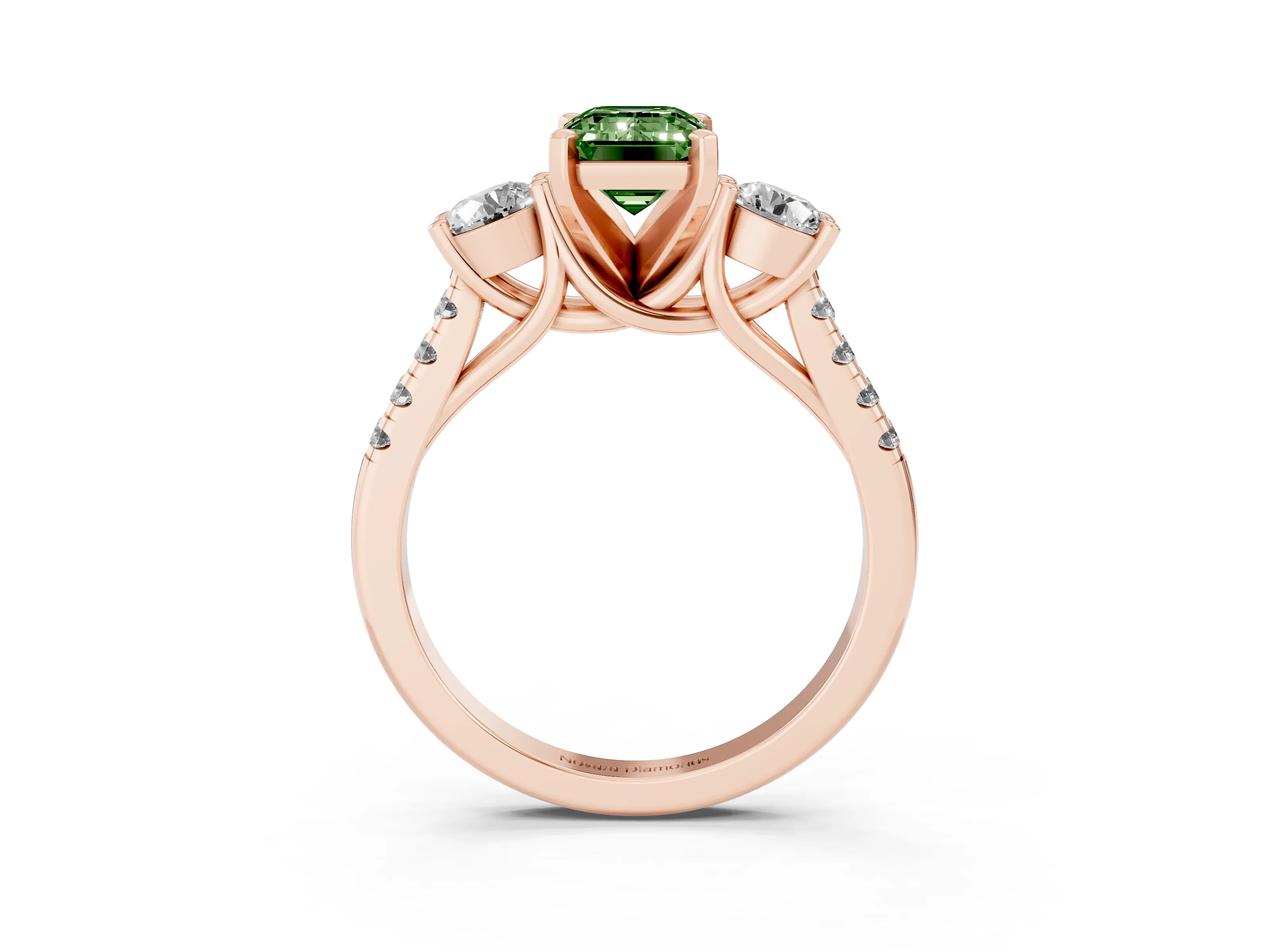 Fancy Green Three-Stone Emerald Cut Diamond Pavé Band Ring Set in Rose gold with Prong-Set Trio