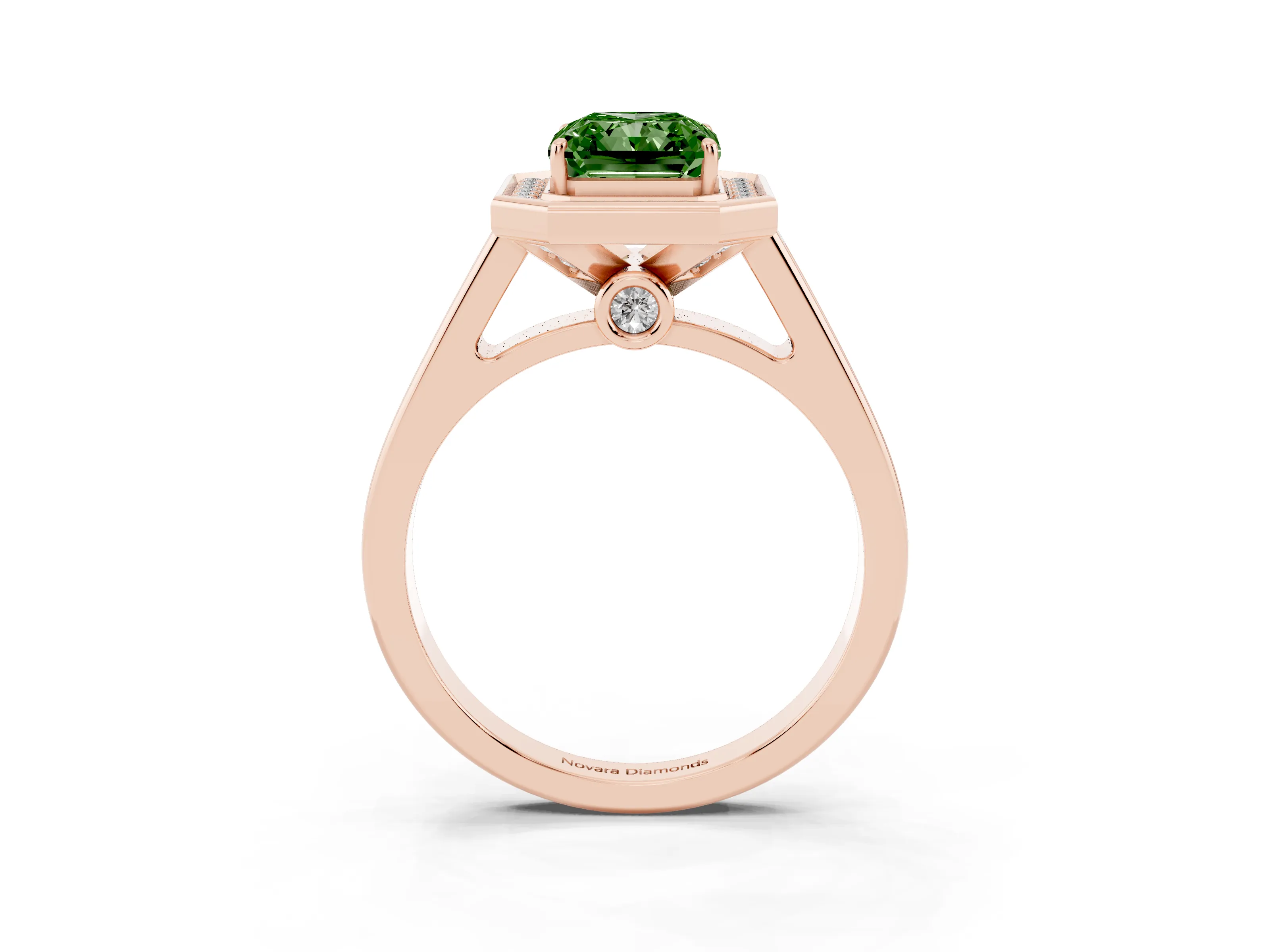 Fancy Green Emerald Cut Diamond Halo Solitaire Ring Set in Rose gold with Pavé Band and Bezel Setting