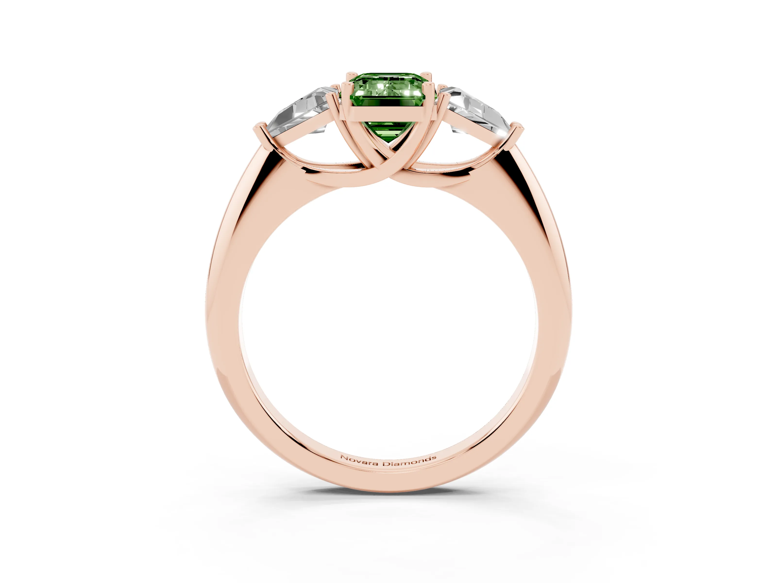 Fancy Green Emerald Cut Diamond Three-Stone Engagement Ring Set in Rose gold with Trillion Side Stones