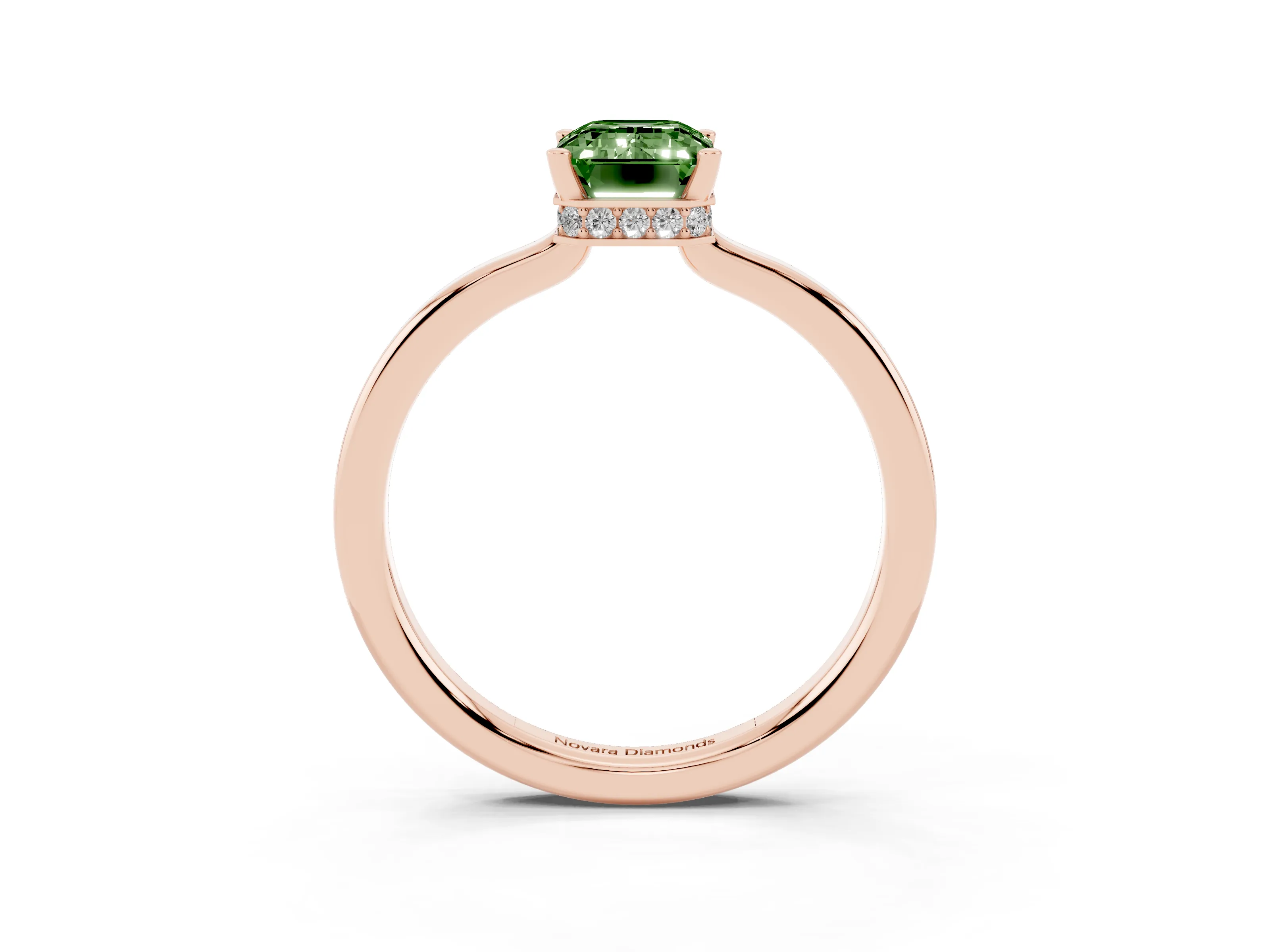 Fancy Green Emerald Cut Diamond Solitaire Engagement Ring Set in Rose gold with Prong Setting on a Plain Band