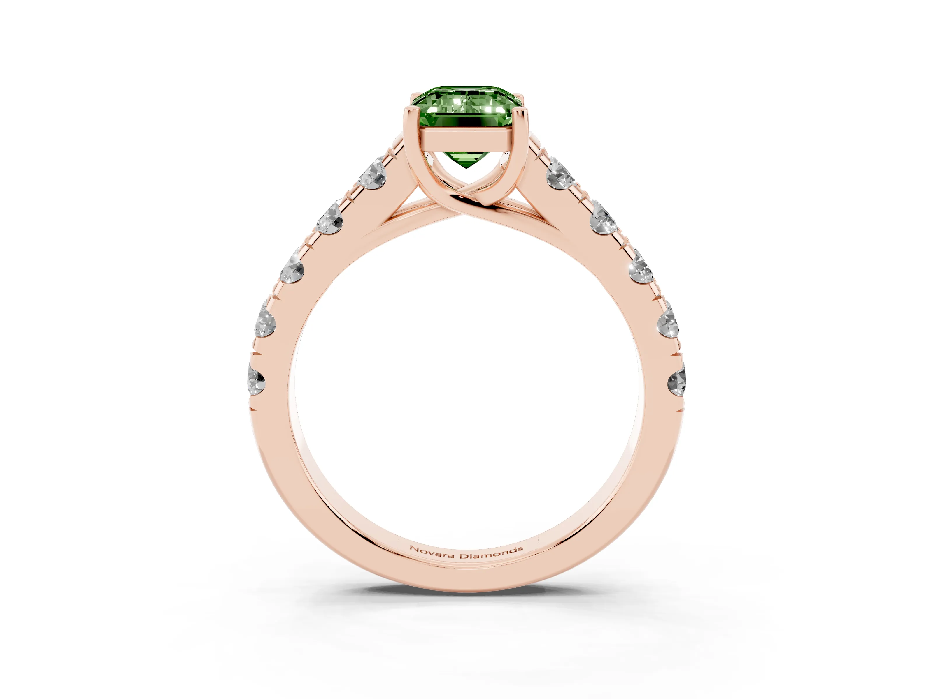 Fancy Green Emerald Cut Diamond Solitaire Ring Set in Rose gold with Cut-Down Micro Pavé Band and Prong Setting