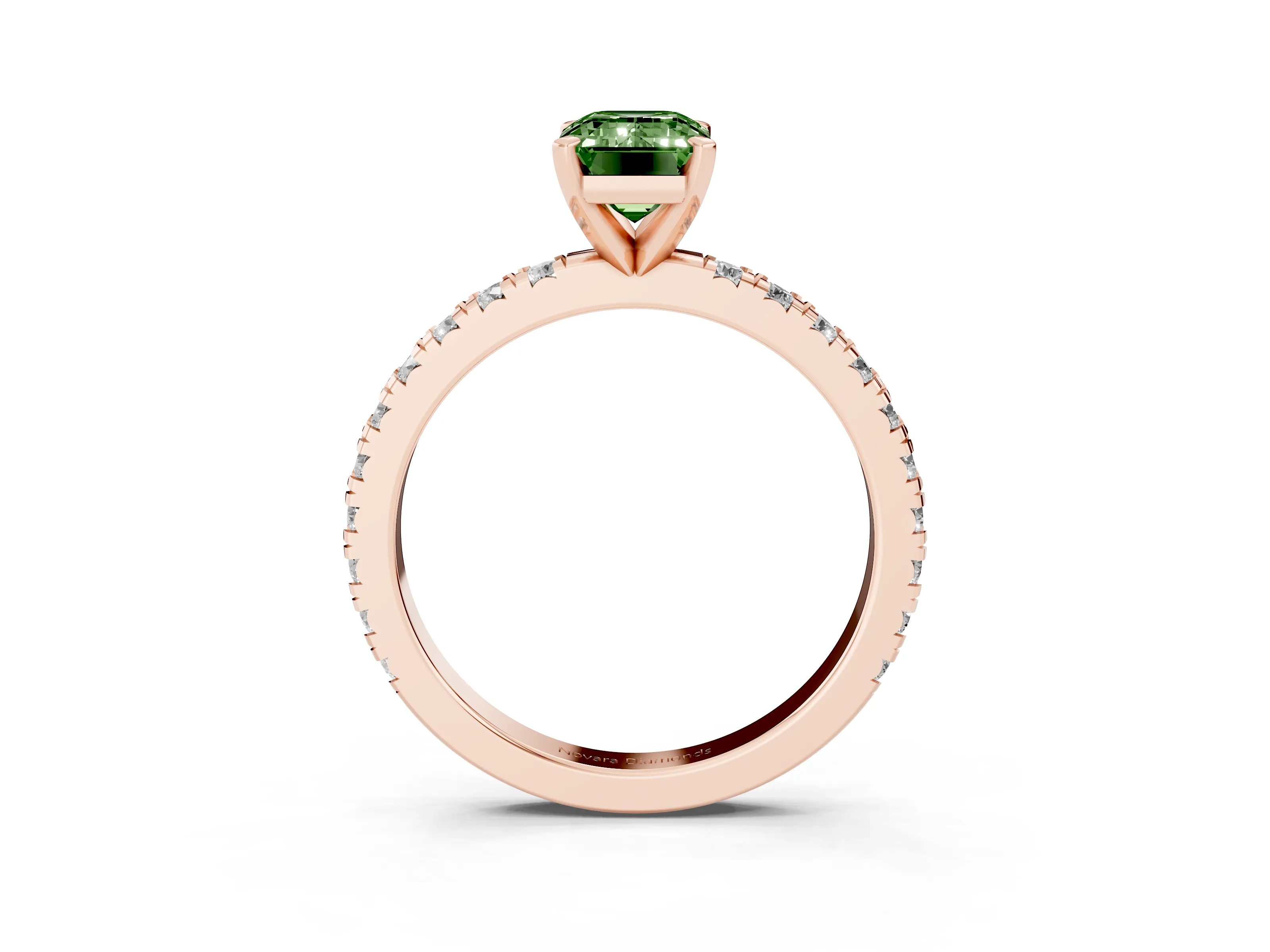 Fancy Green Emerald Cut Diamond Pavé Band Solitaire Set in Rose gold with Prong Setting