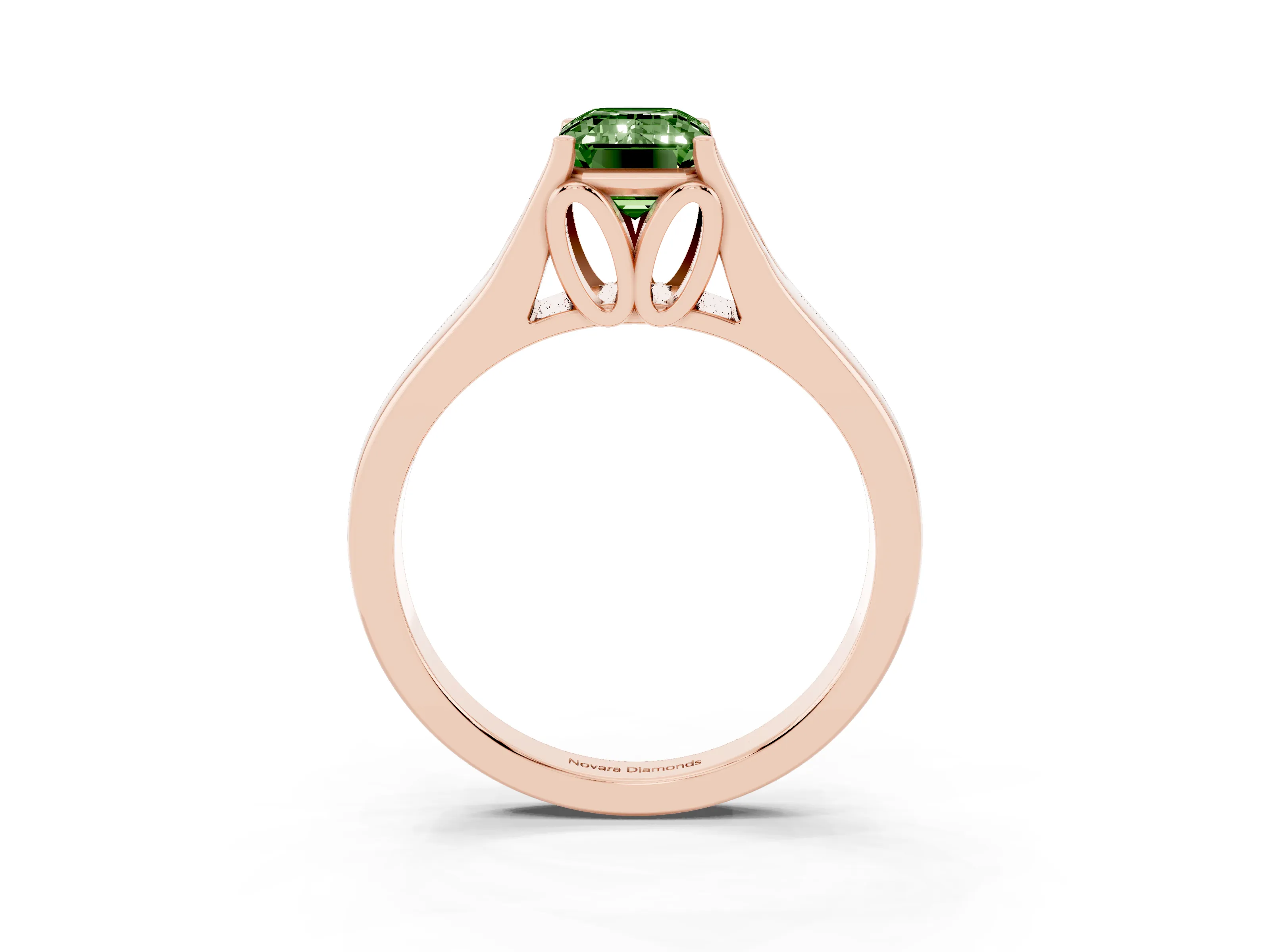 Fancy Green Emerald Cut Diamond Solitaire Ring Set in Rose gold with Arched Cathedral Band and Prong Setting