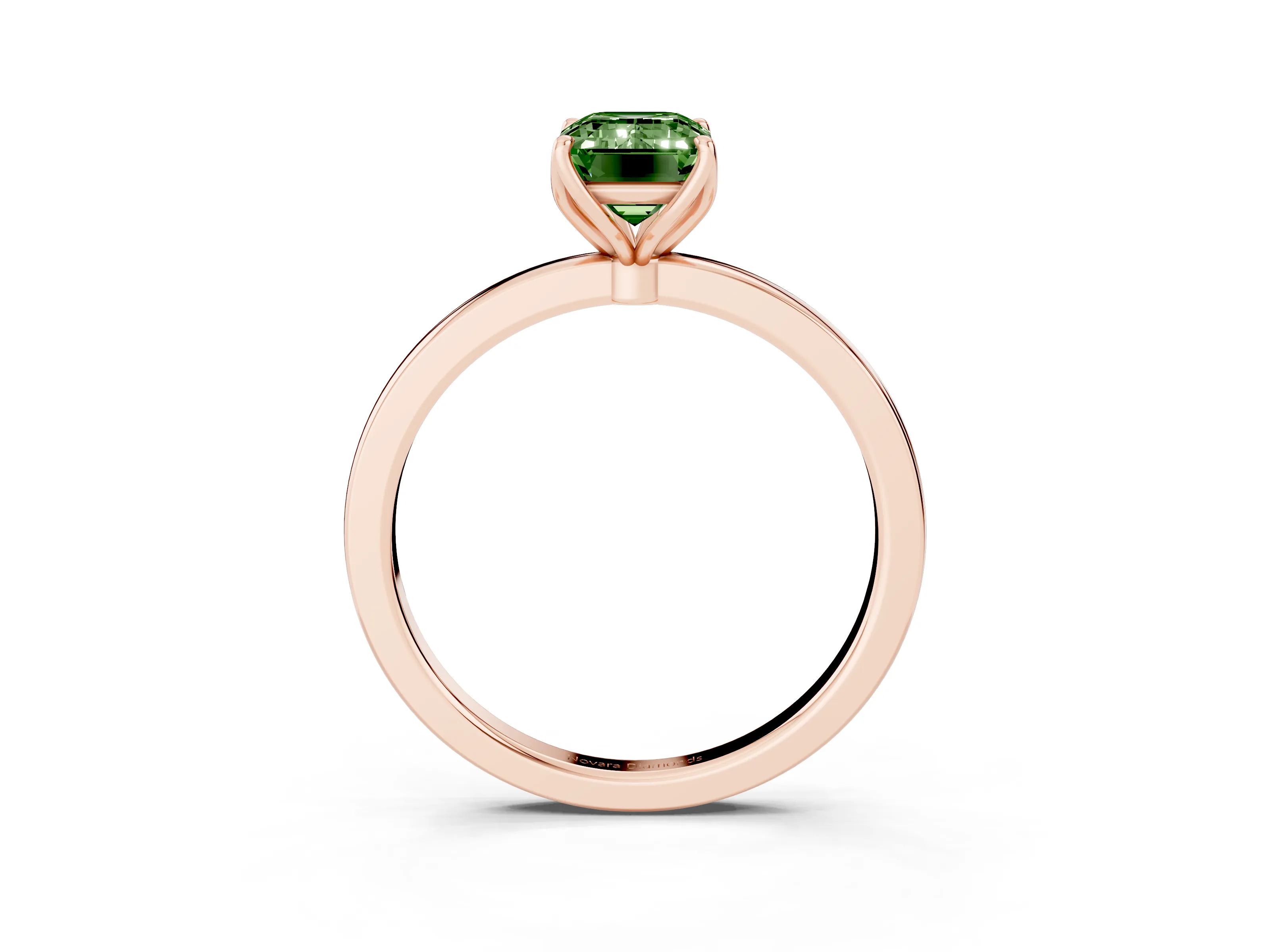 Fancy Green Emerald Cut Diamond Solitaire Ring Set in Rose gold with Prong Setting and Thin Polished Band