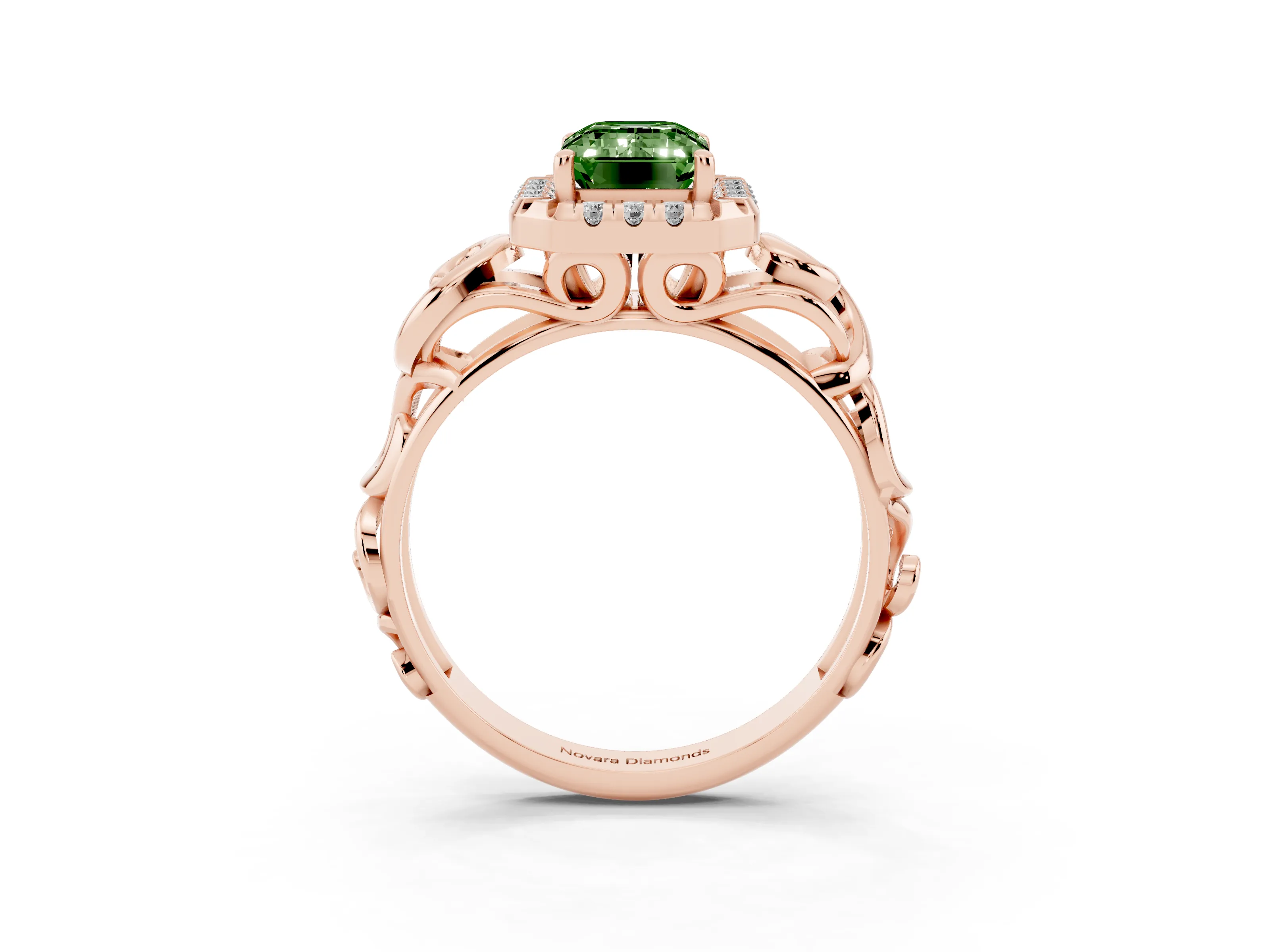 Fancy Green Emerald Cut Diamond Halo Ring Set in Rose gold with Scrollwork Band and Prong Setting