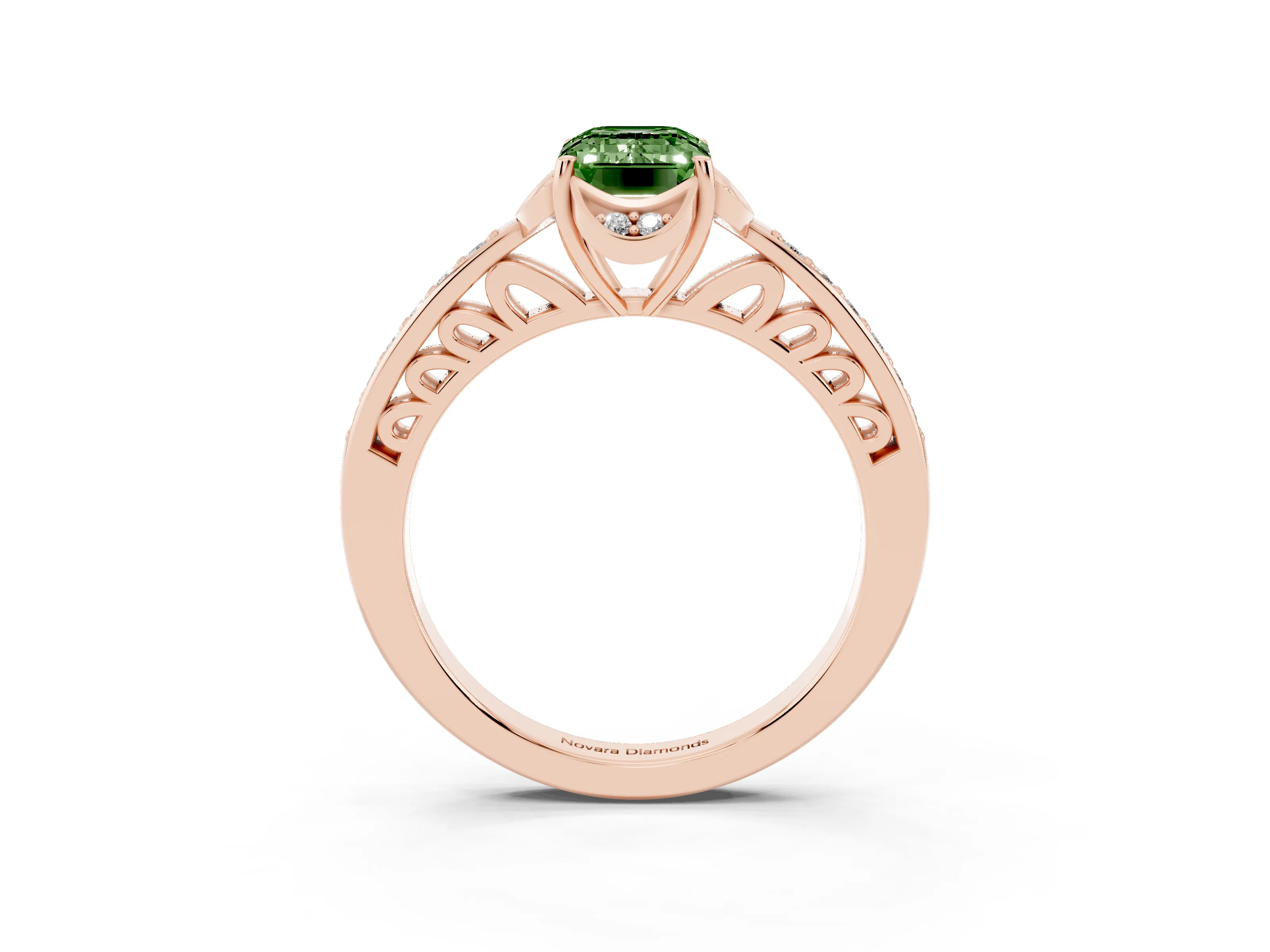 Fancy Green Emerald Cut Diamond Halo Ring Set in Rose gold with Channel Set Band and Prong Setting
