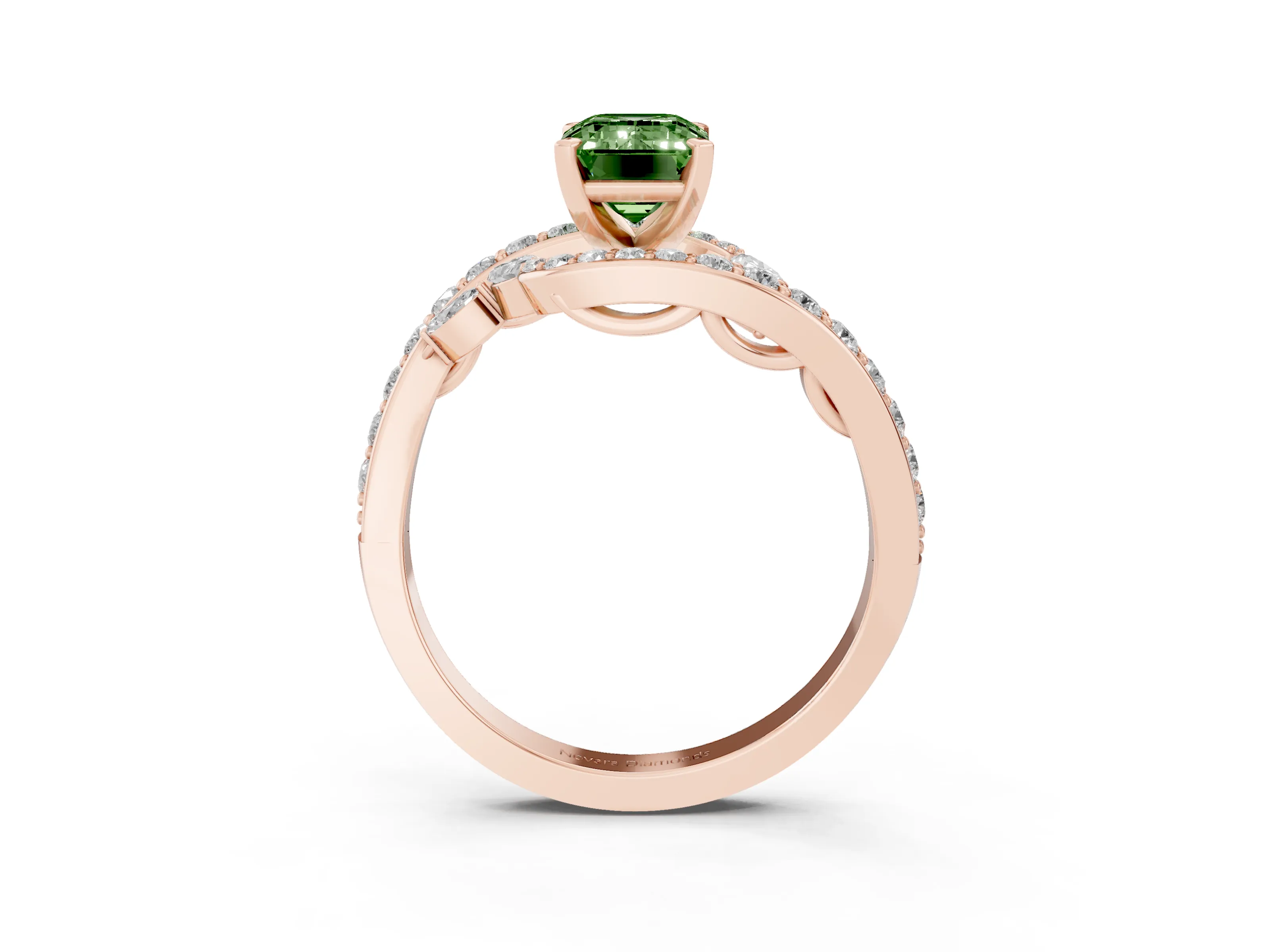 Fancy Green Emerald Cut Diamond Solitaire Ring Set in Rose gold with Pavé Twist Band and Secure Prong Setting