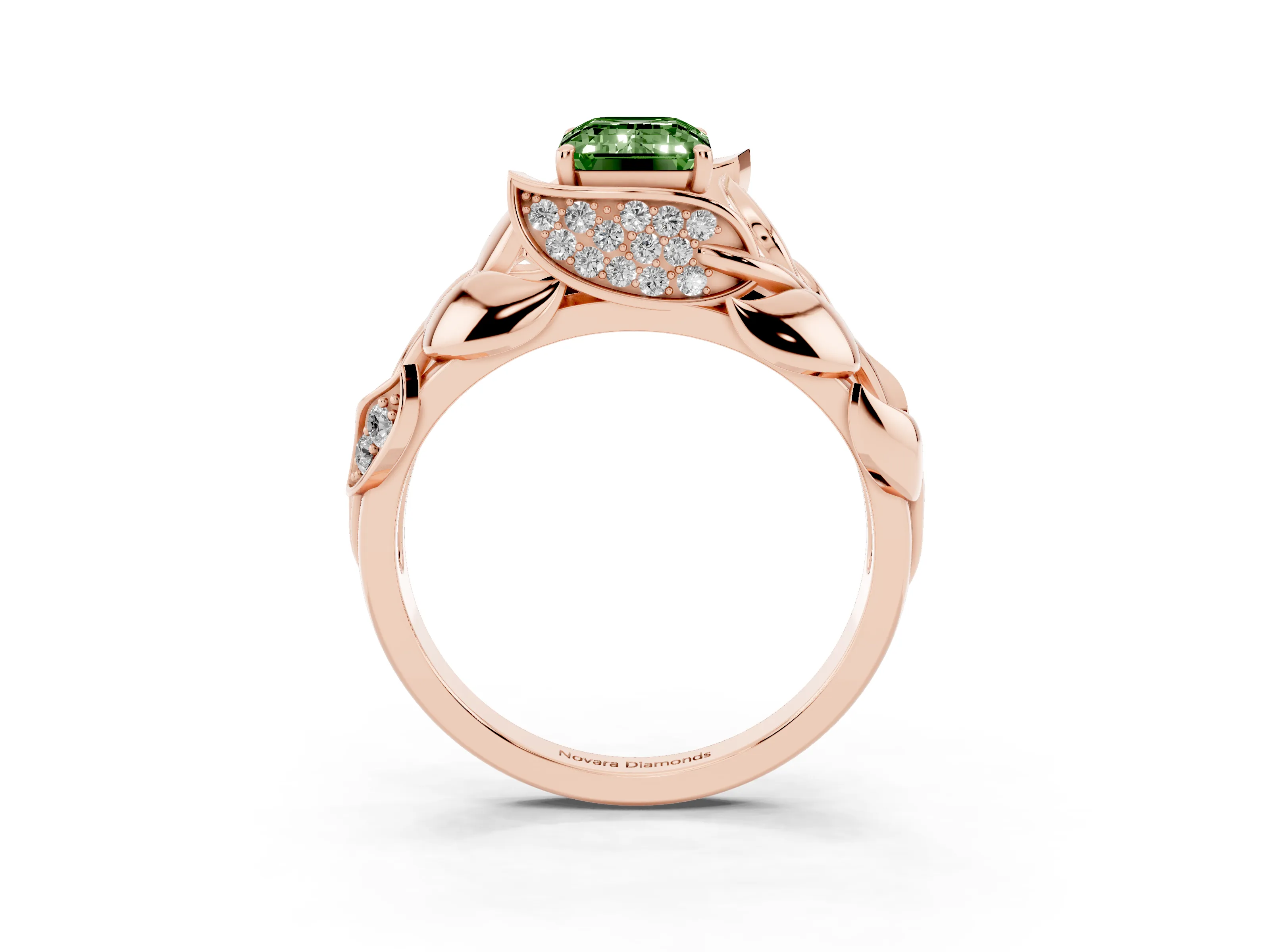 Fancy Green Emerald Cut Diamond Leaf-Inspired Engagement Ring Set in Rose gold with Round Accents