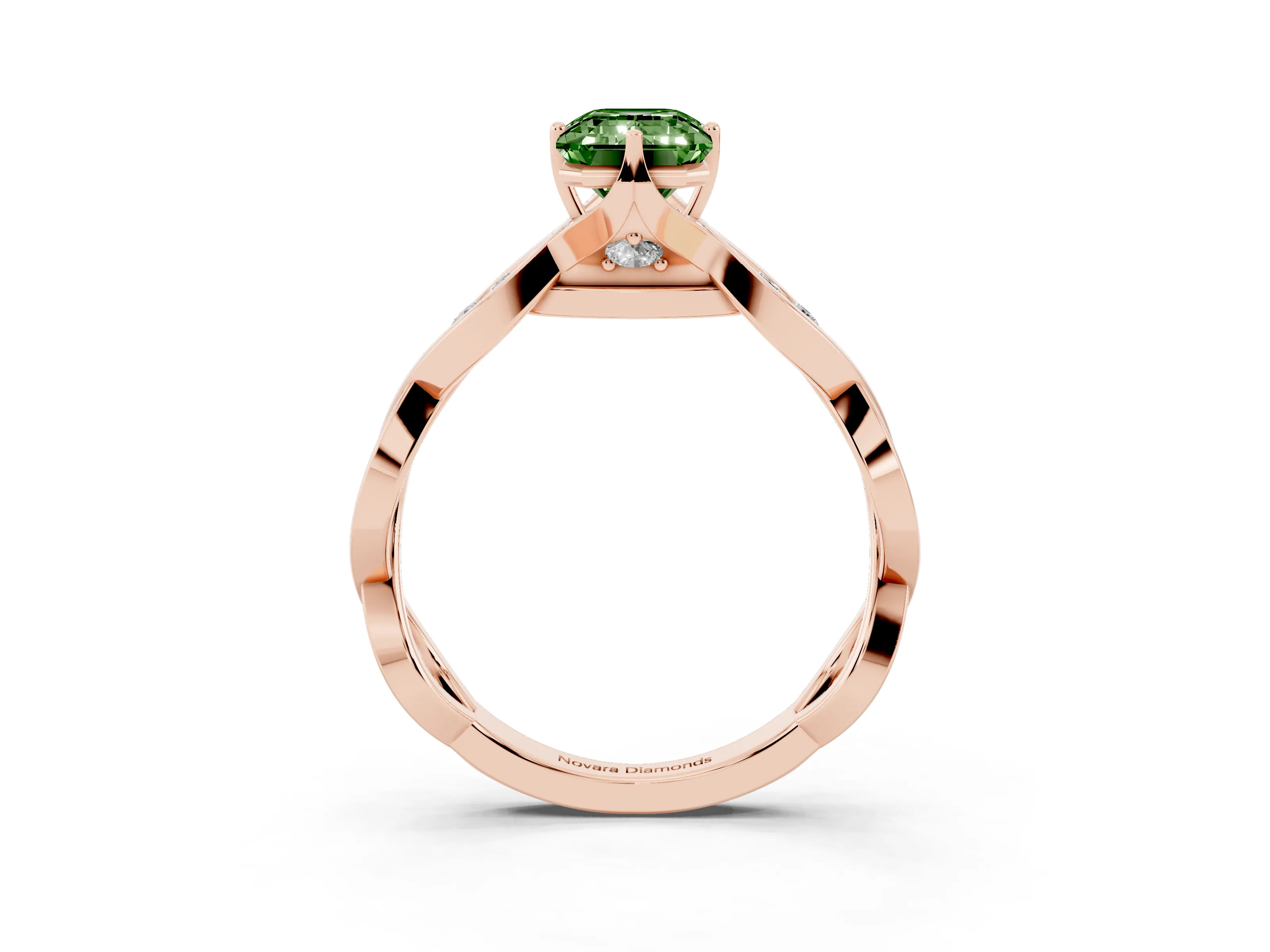 Fancy Green Emerald Cut Diamond Twist Band Solitaire Ring Set in Rose gold with Leaf Prong Setting and Accent Stones