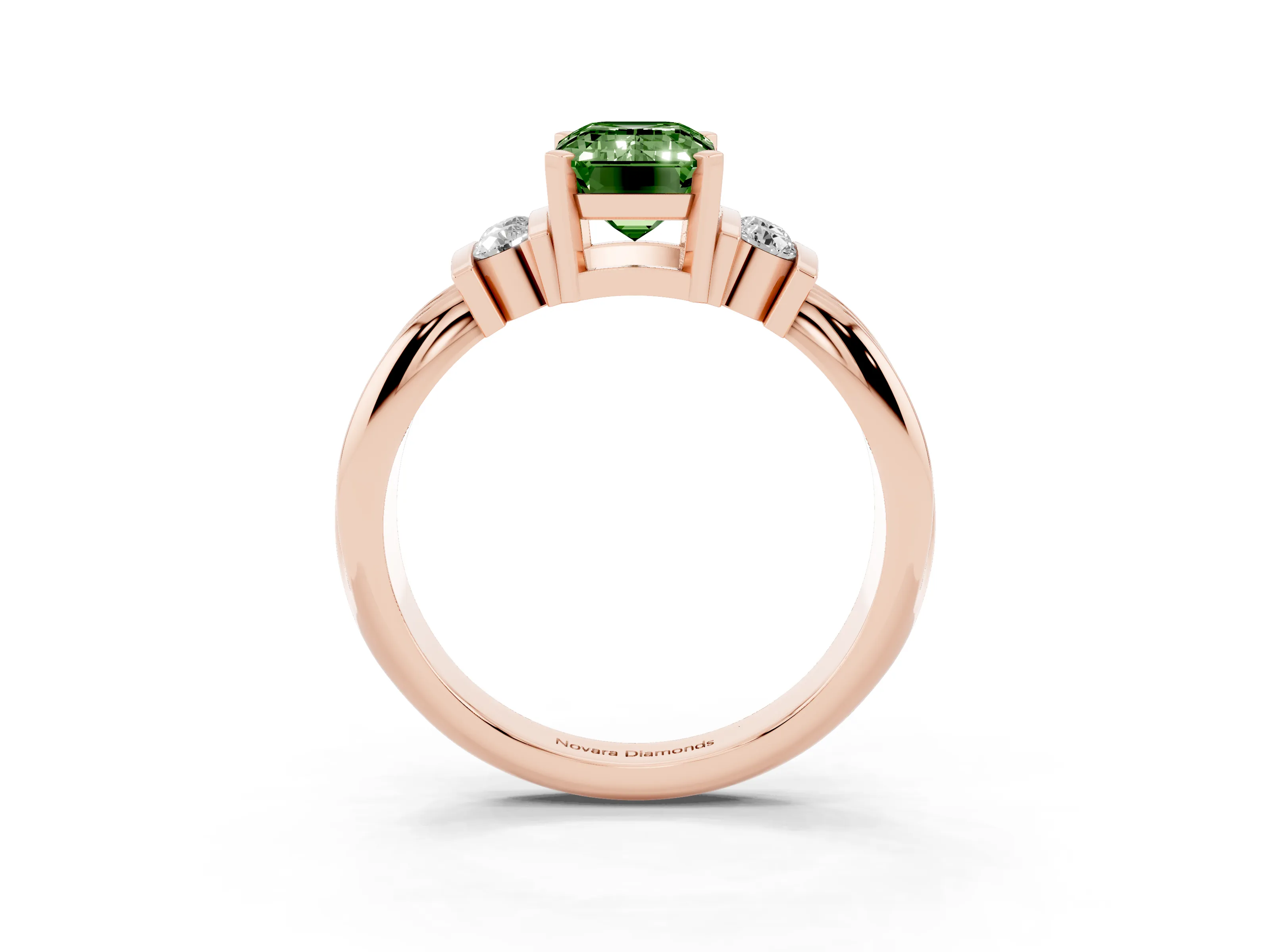 Fancy Green Three-Stone Emerald Cut Diamond Channel Set Ring Set in Rose gold with Bar Prongs
