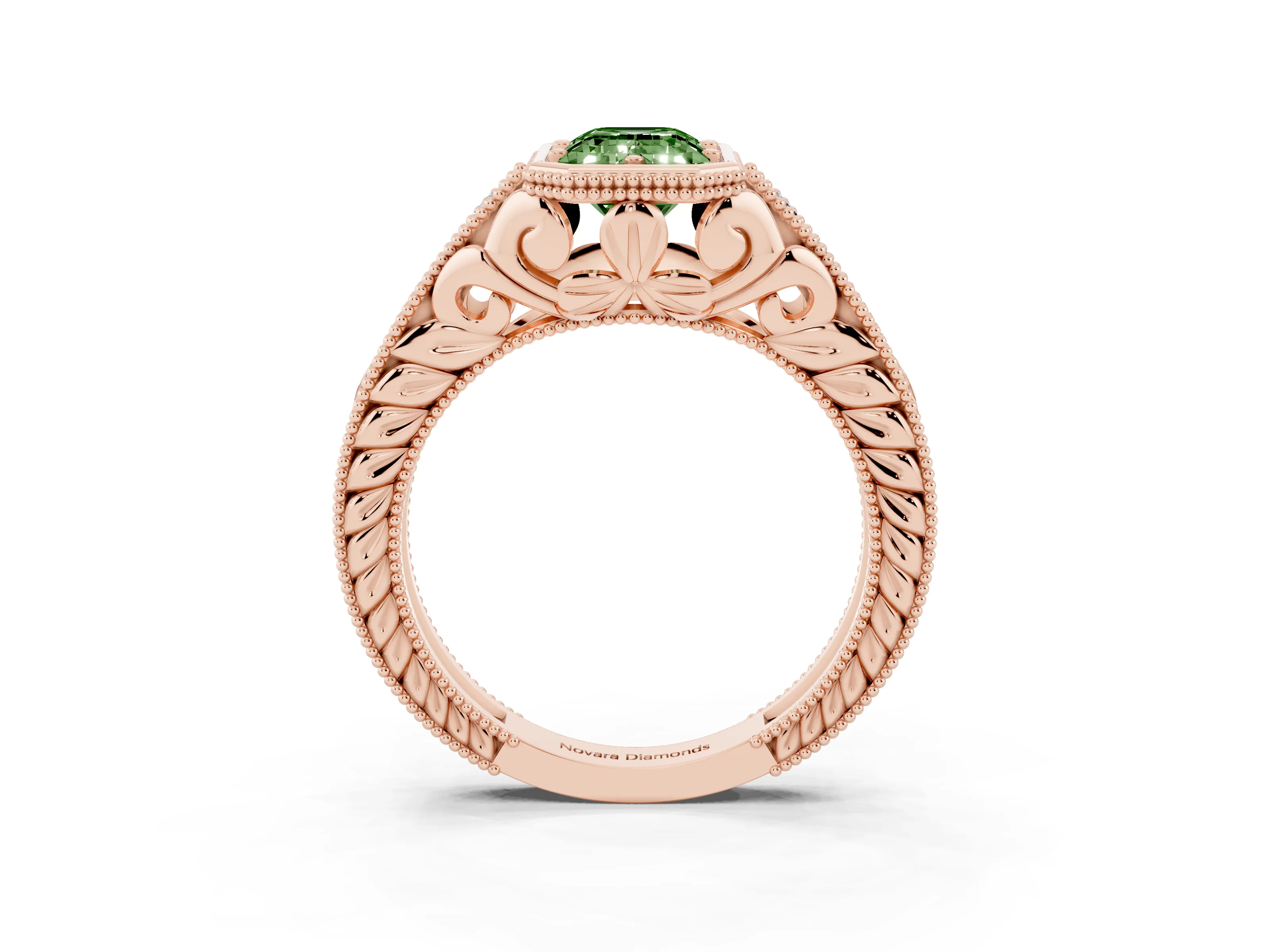 Fancy Green Bezel Set Emerald Cut Diamond Milgrain Pavé Engagement Ring Set in Rose gold