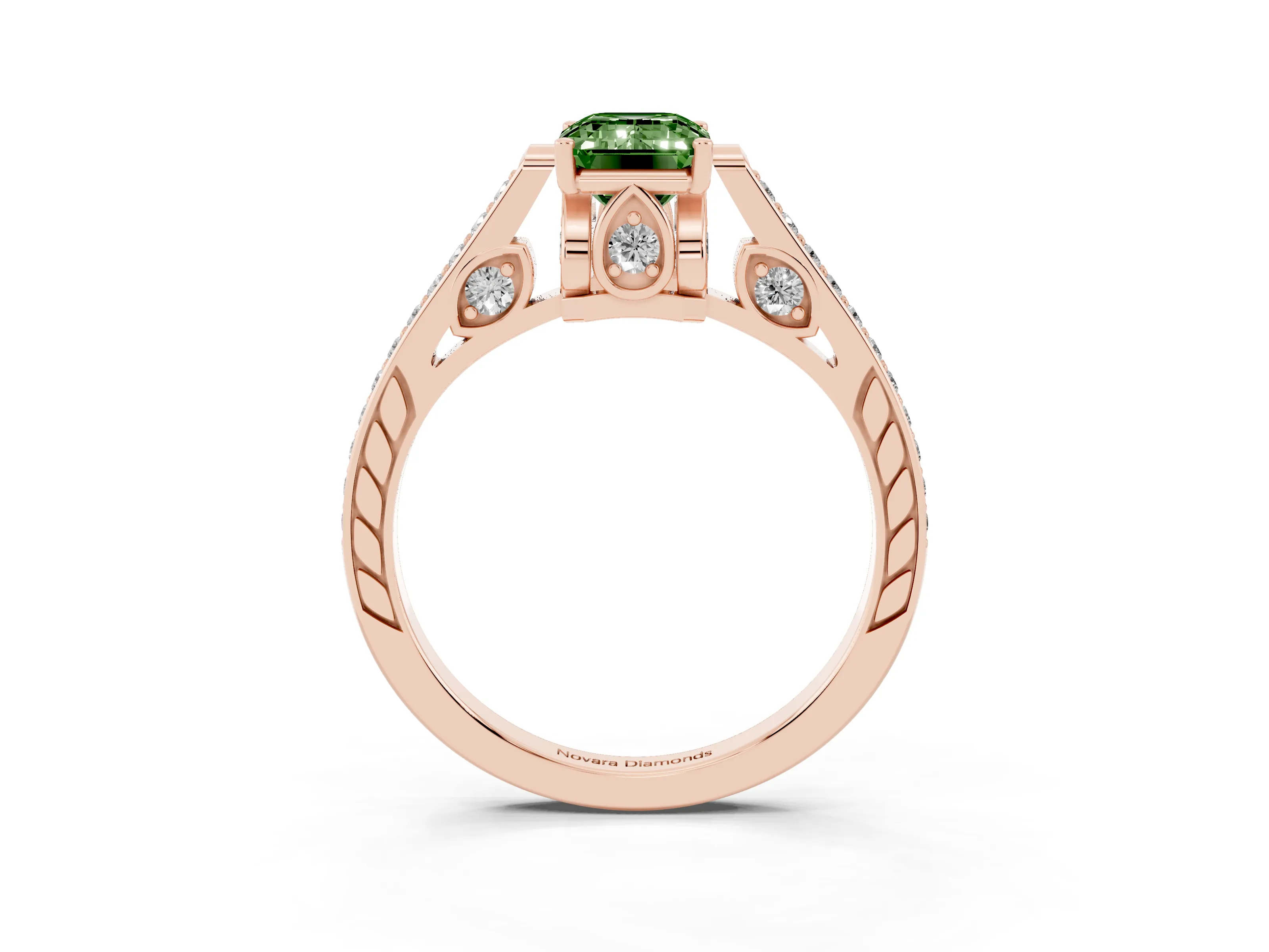 Fancy Green Emerald Cut Diamond Cathedral Pavé Engagement Ring Set in Rose gold with Prong Setting
