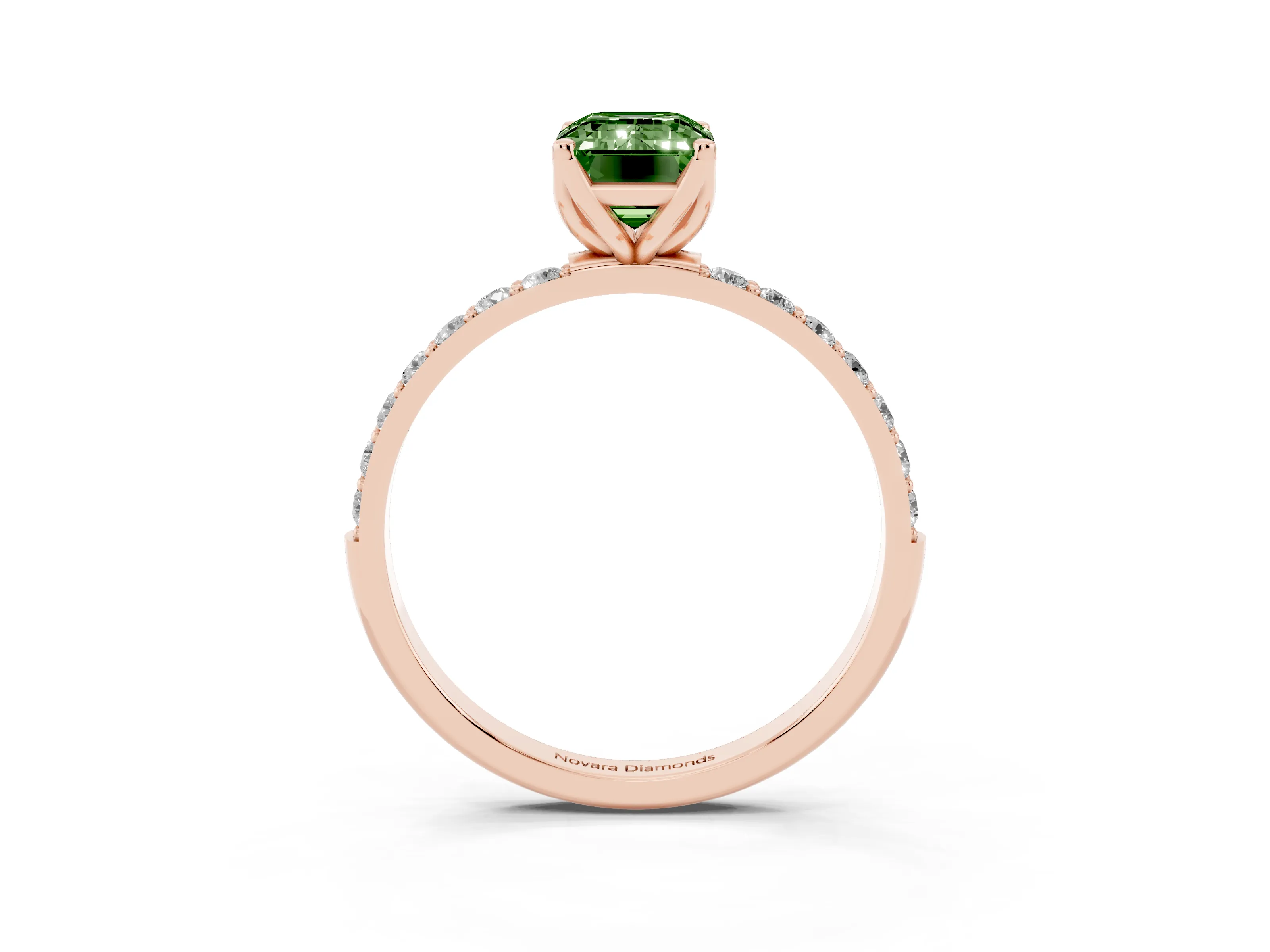 Fancy Green Emerald Cut Diamond Solitaire Engagement Ring Set in Rose gold with Round Pavé Band and Prong Setting