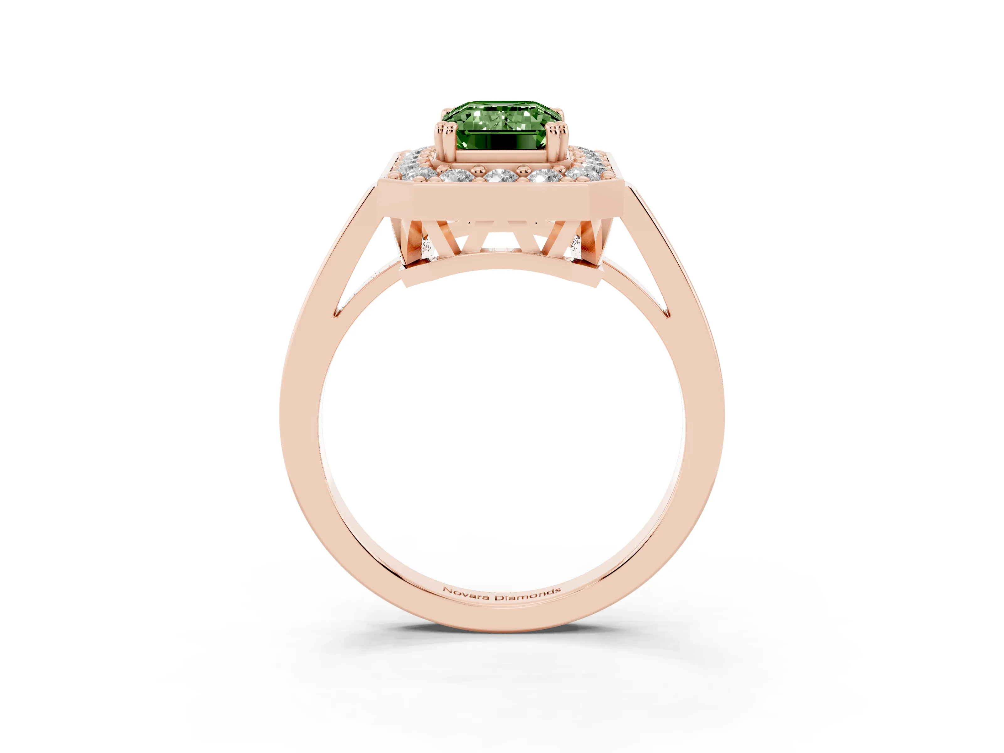 Fancy Green Emerald Cut Diamond Halo Ring Set in Rose gold with Accent-Lined Split Shank and Prong Setting