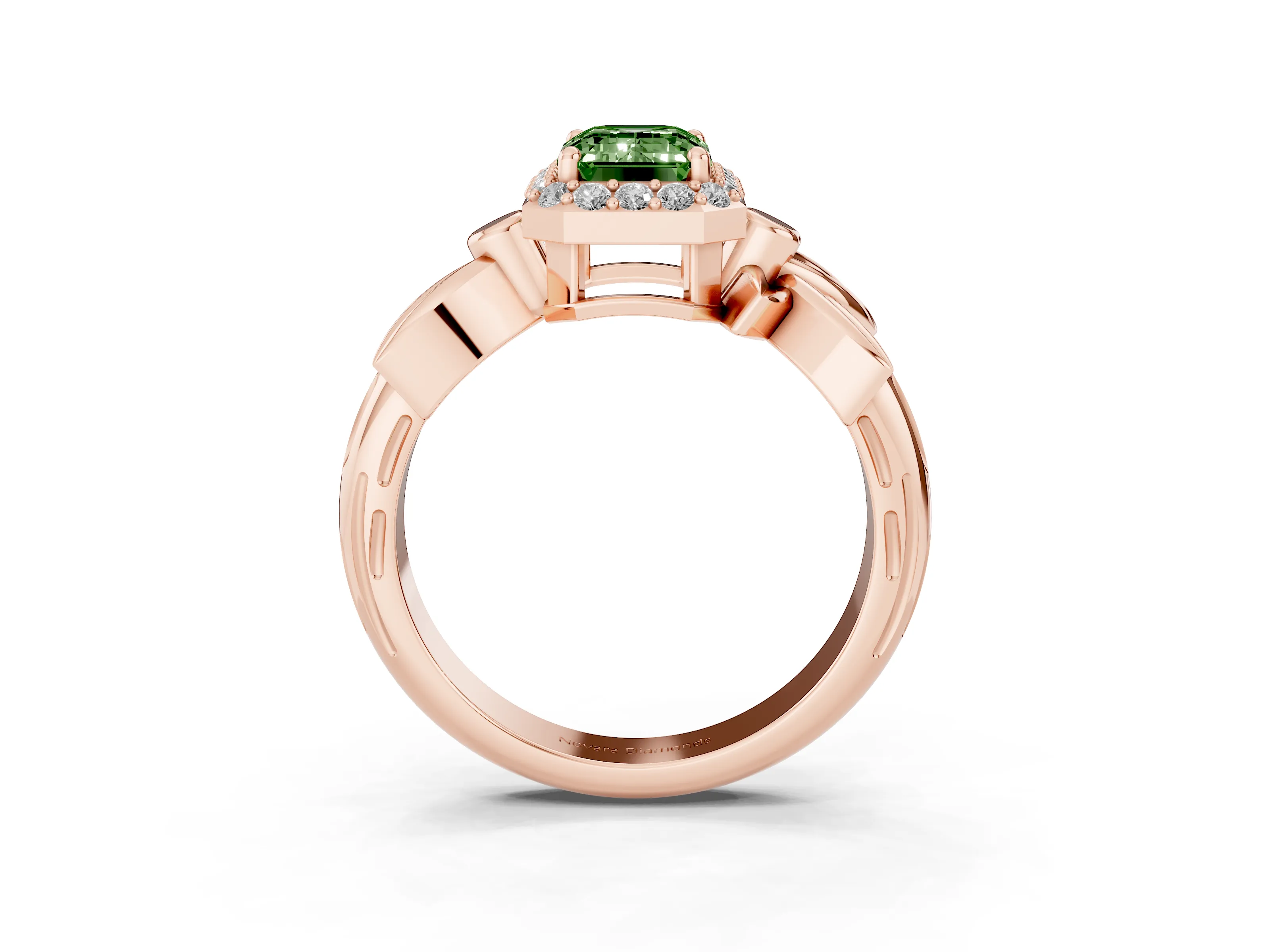 Fancy Green Emerald Cut Diamond Halo Floral Band Ring Set in Rose gold with Prong Setting