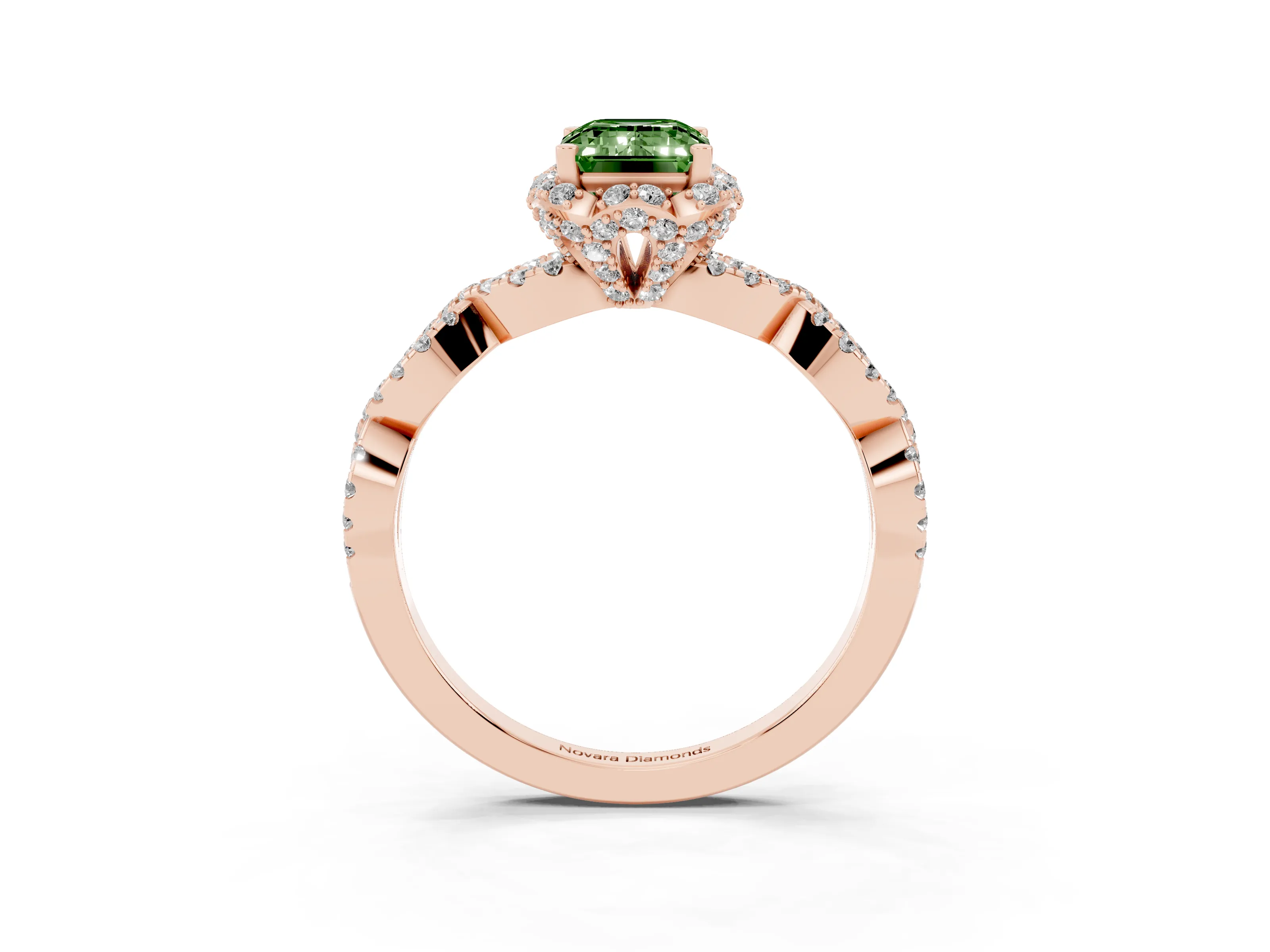 Fancy Green Emerald Cut Diamond Halo Twist Band Solitaire Ring Set in Rose gold with Prong-Set Center Stone