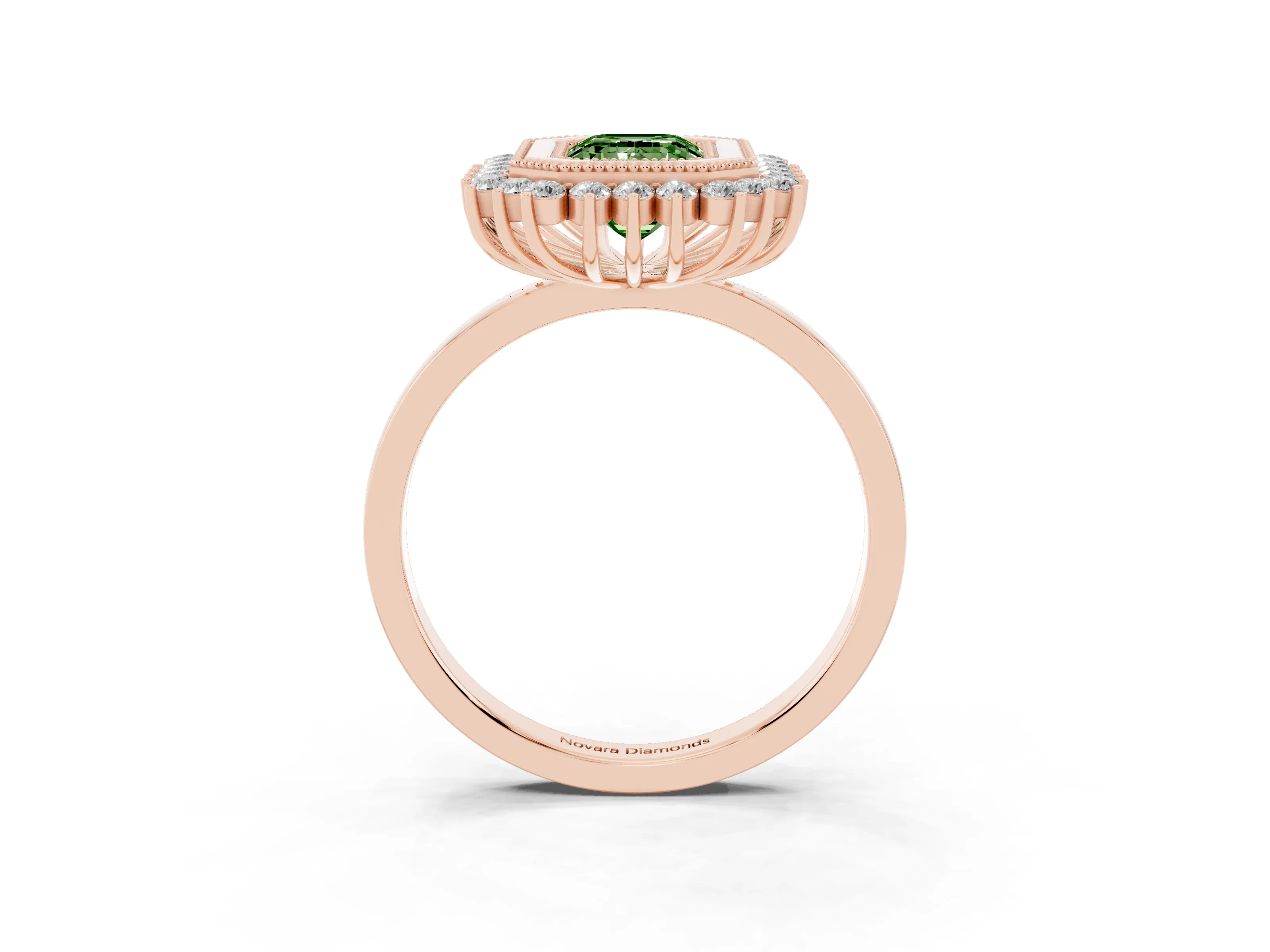 Fancy Green Emerald Cut Diamond Halo Ring Set in Rose gold with Milgrain Edge and Round Prong Setting