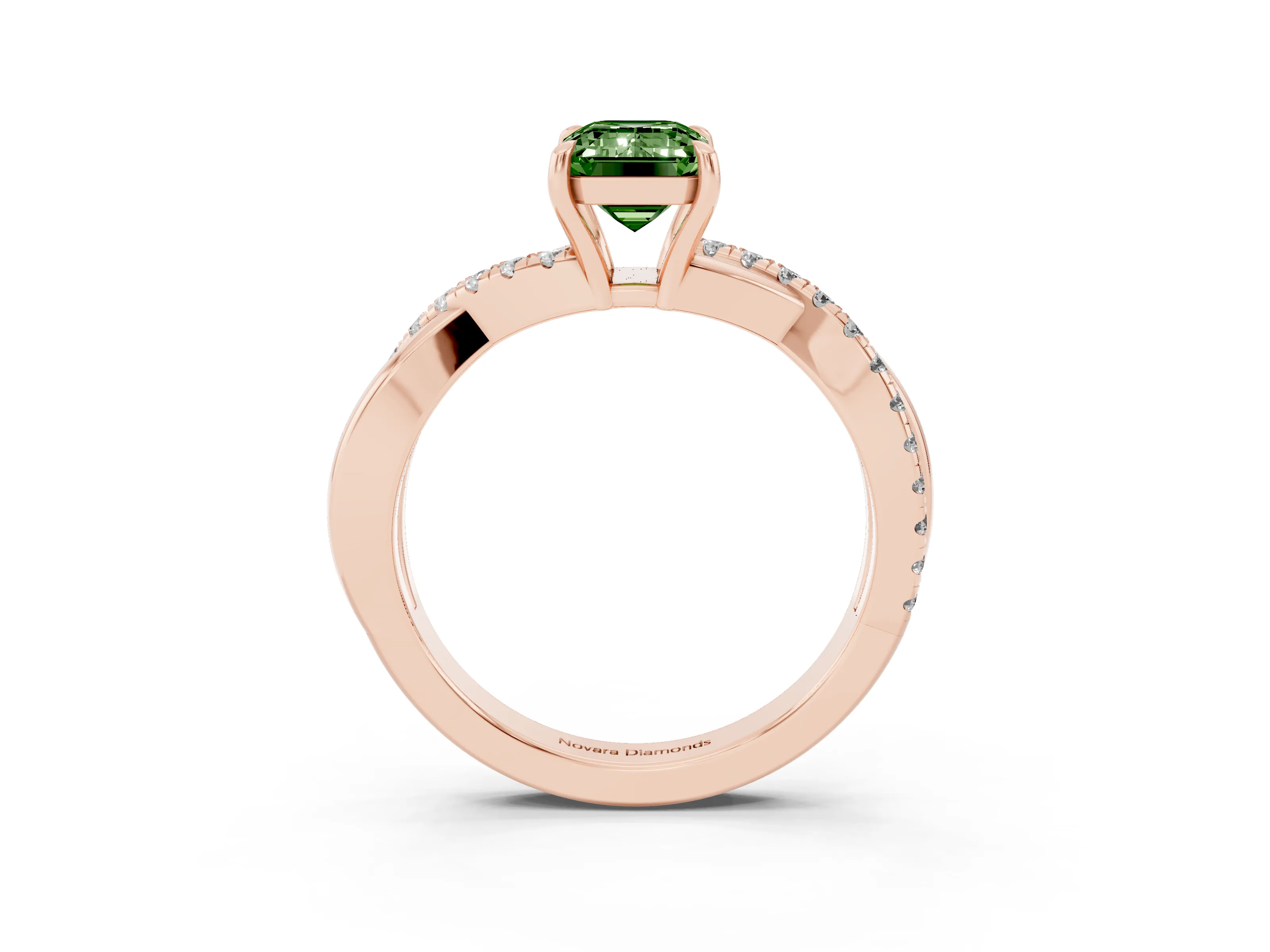 Fancy Green Emerald Cut Diamond Twisted Pavé Band Ring Set in Rose gold with Prong Setting
